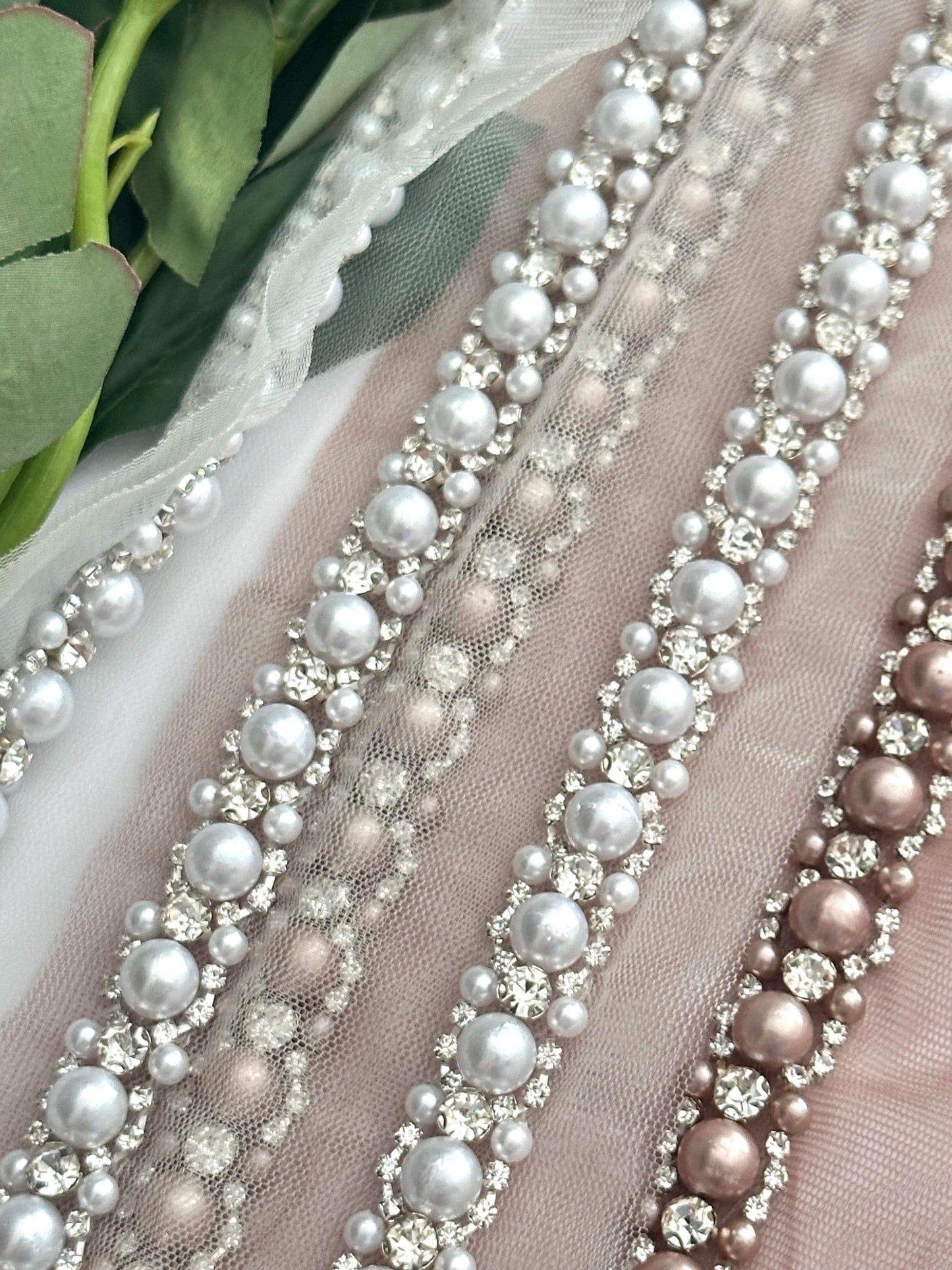 Pearl Rhinestone Bead Trim Handmade Embroidered Lace Wedding Veil