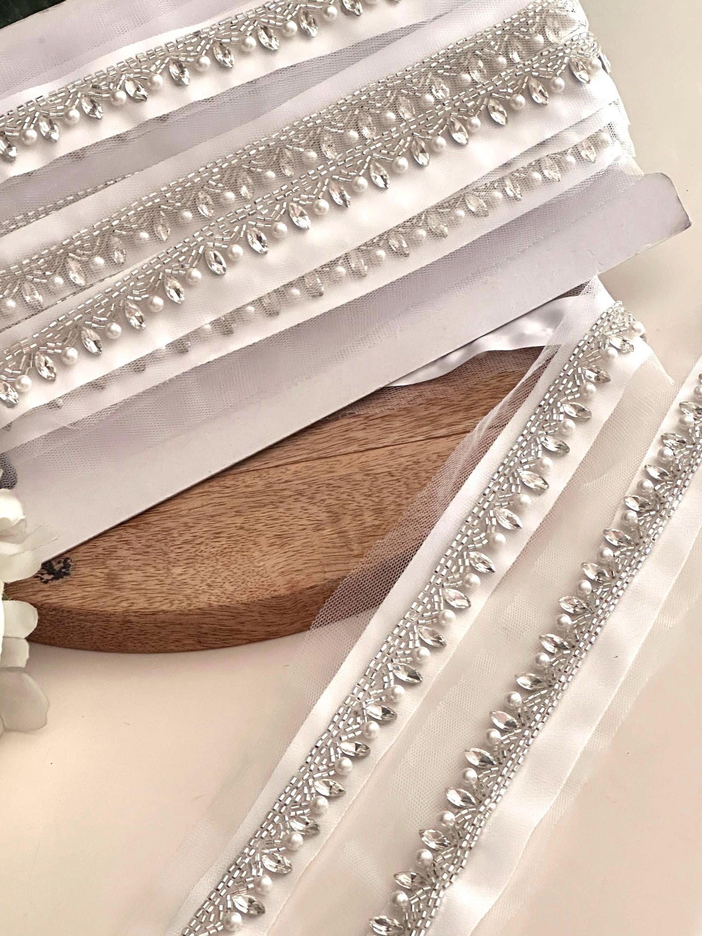 Silver beaded trim with pearl & crystal hand-embroidered lace Embellished Ribbon