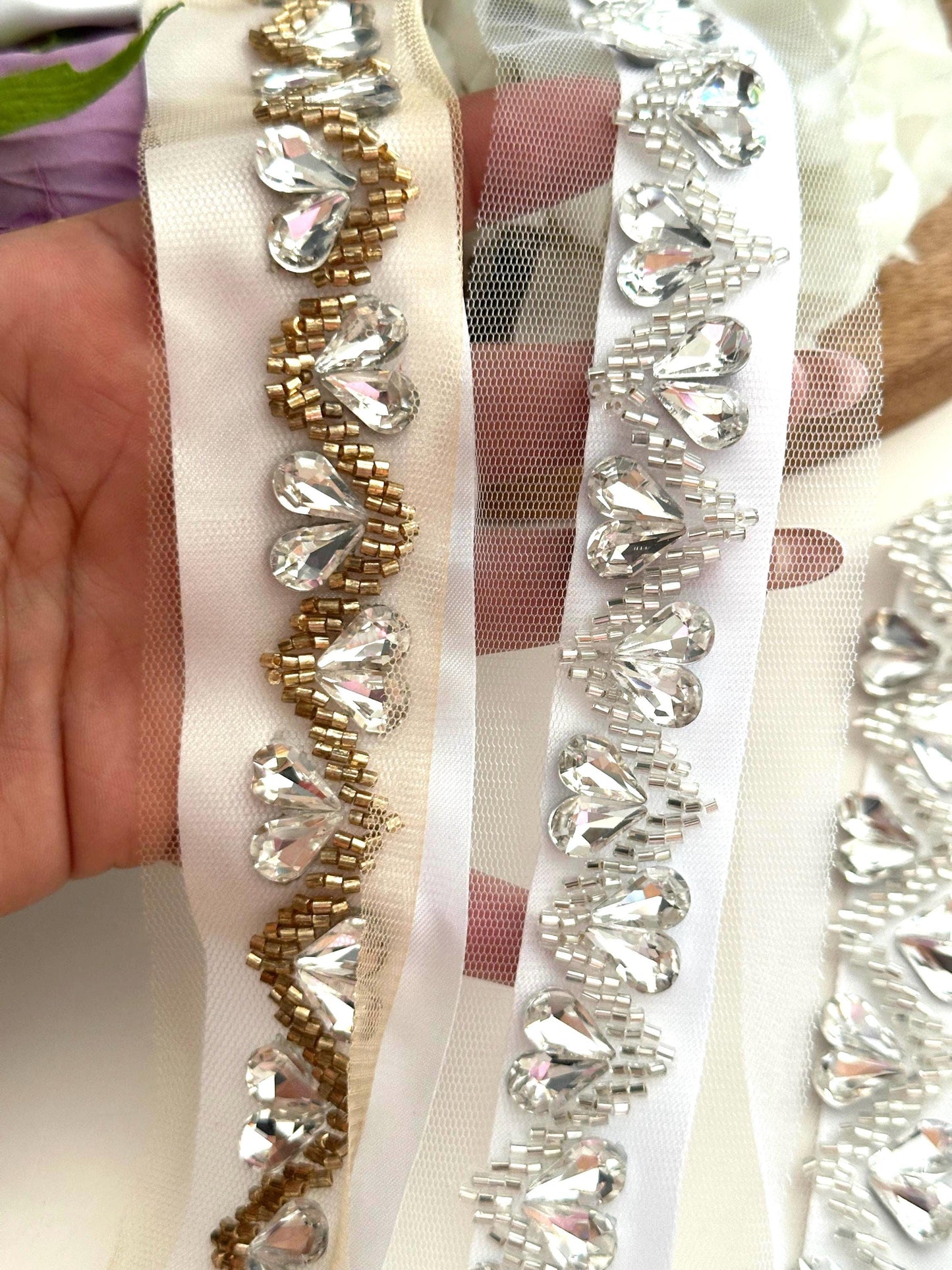 Rhinestone Wedding Belt Applique Bridal Sash Embellishment Sparkly Silver & Clear Trim by Yrd