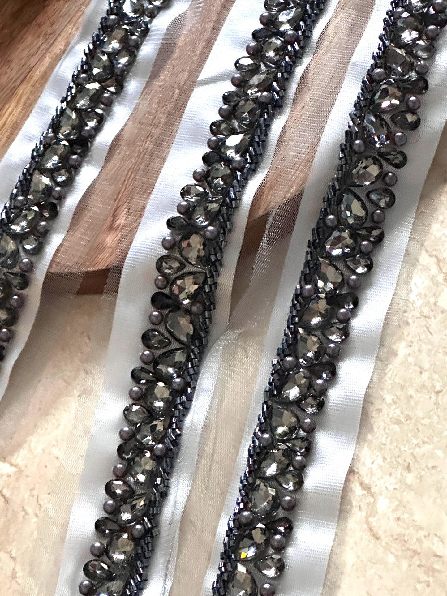 Sparkling Grey Rhinestone Lace Bridal Crystal Pearl Bead Applique Shoulder Strap Veil Edging