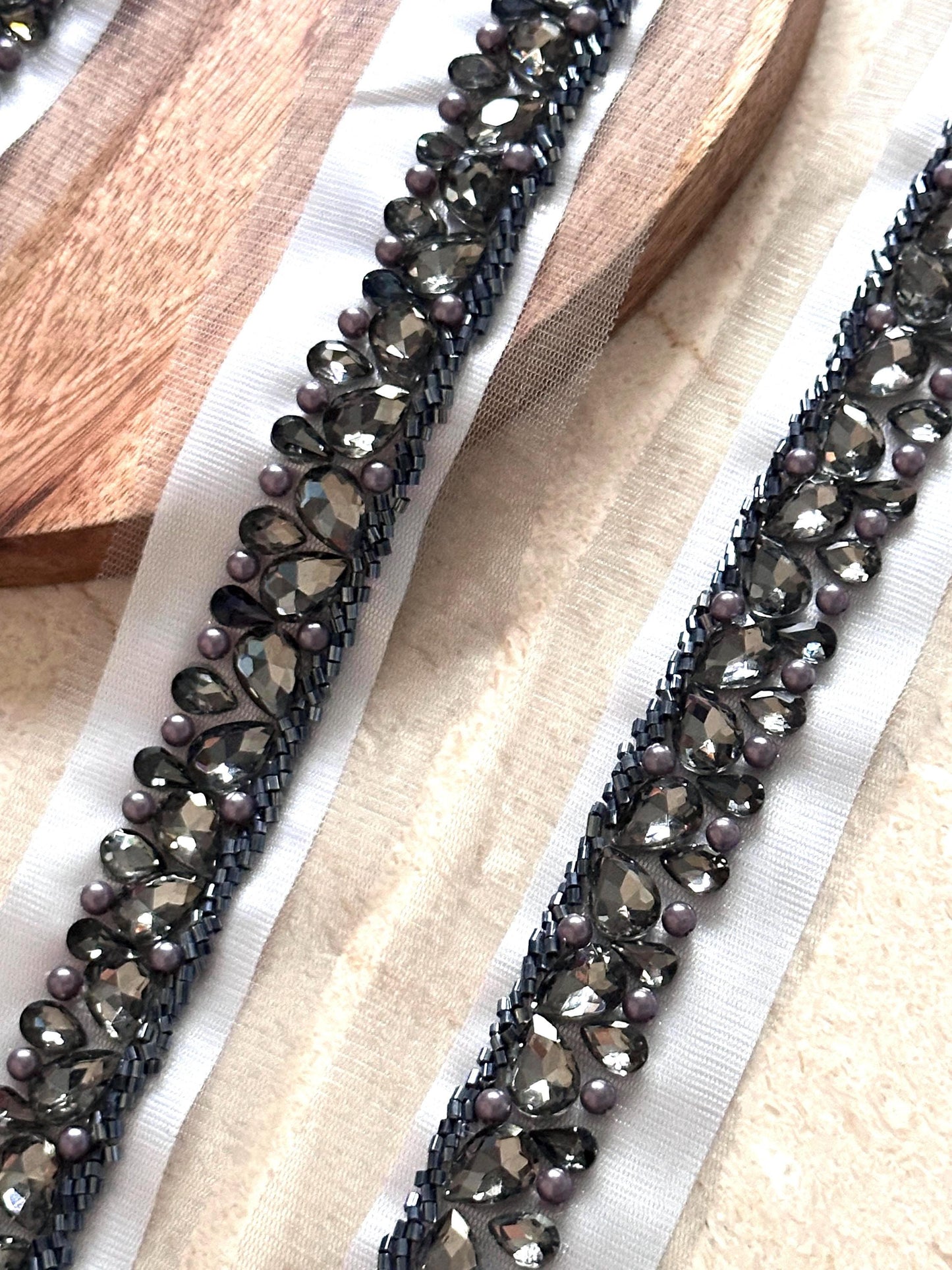 Sparkling Grey Rhinestone Lace Bridal Crystal Pearl Bead Applique Shoulder Strap Veil Edging
