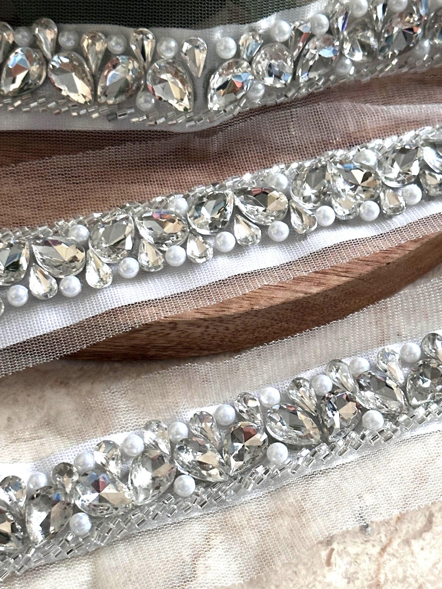 Sparkling Grey Rhinestone Lace Bridal Crystal Pearl Bead Applique Shoulder Strap Veil Edging