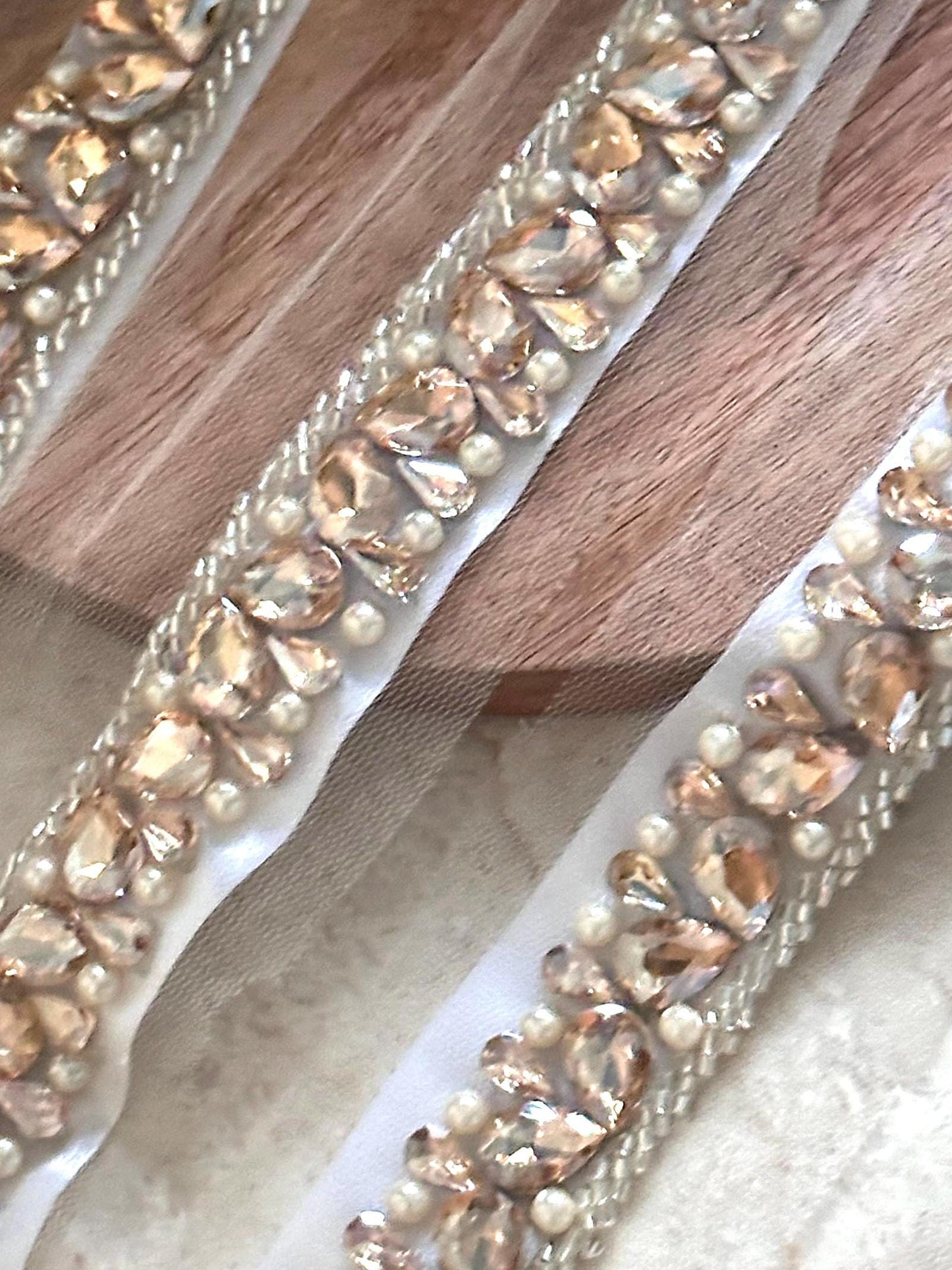 Sparkling Champagne Crystal and Blue Pearl Trim Bridal Applique Veil Edging Lace