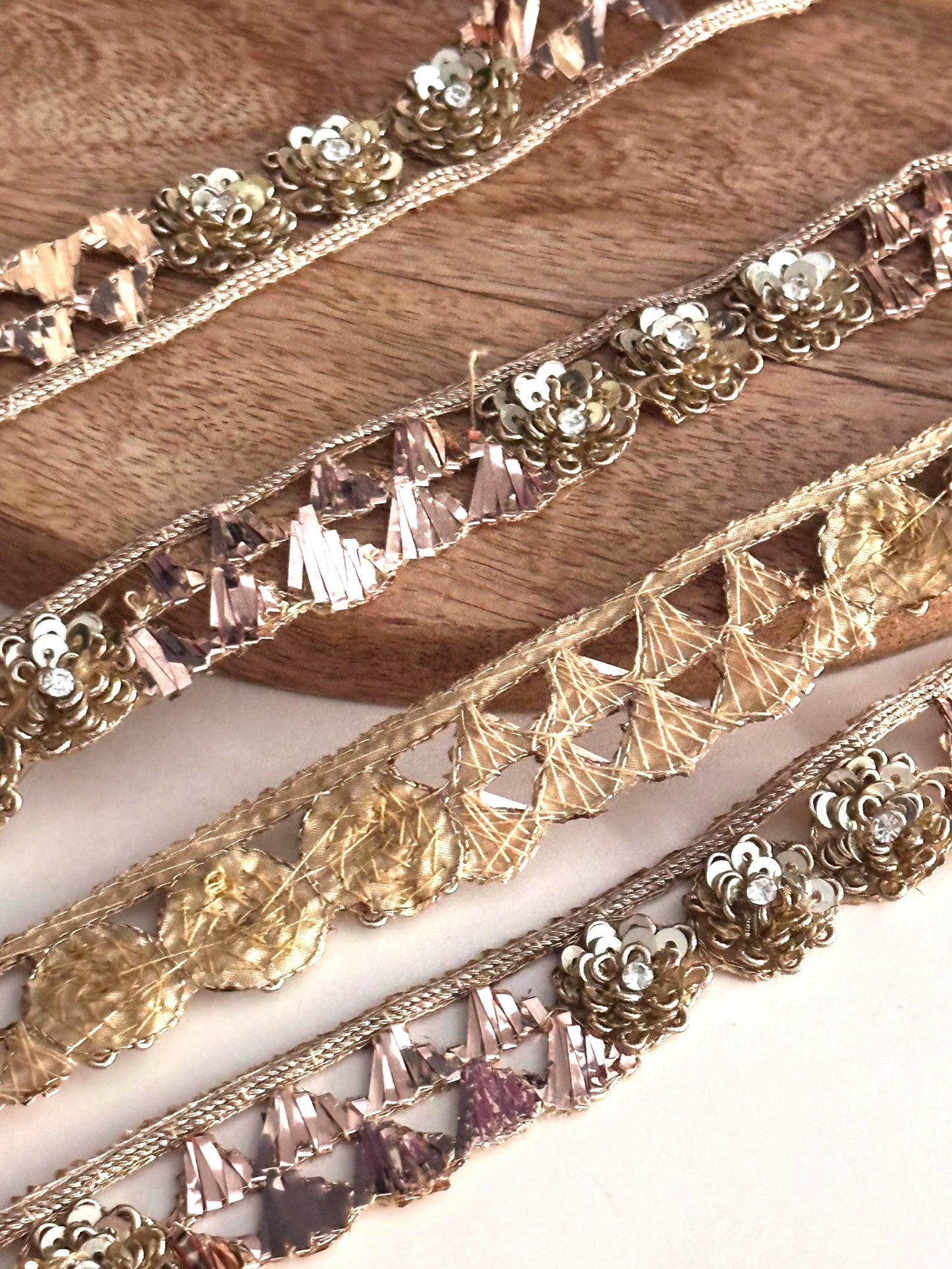 Vintage Look Handmade Sequin Lace Metallic ThreadWork Gold Trim Bridal Dress Sash Headband Lace Festive Fabric Custom Dress Lace Trim