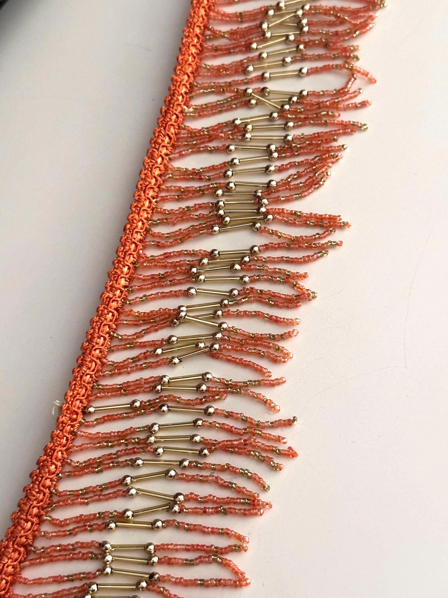 Handmade Bohemian Style Orange & Gold Beaded Fringe Trim Delicate Choker Jewelry Seed Bead Fringe