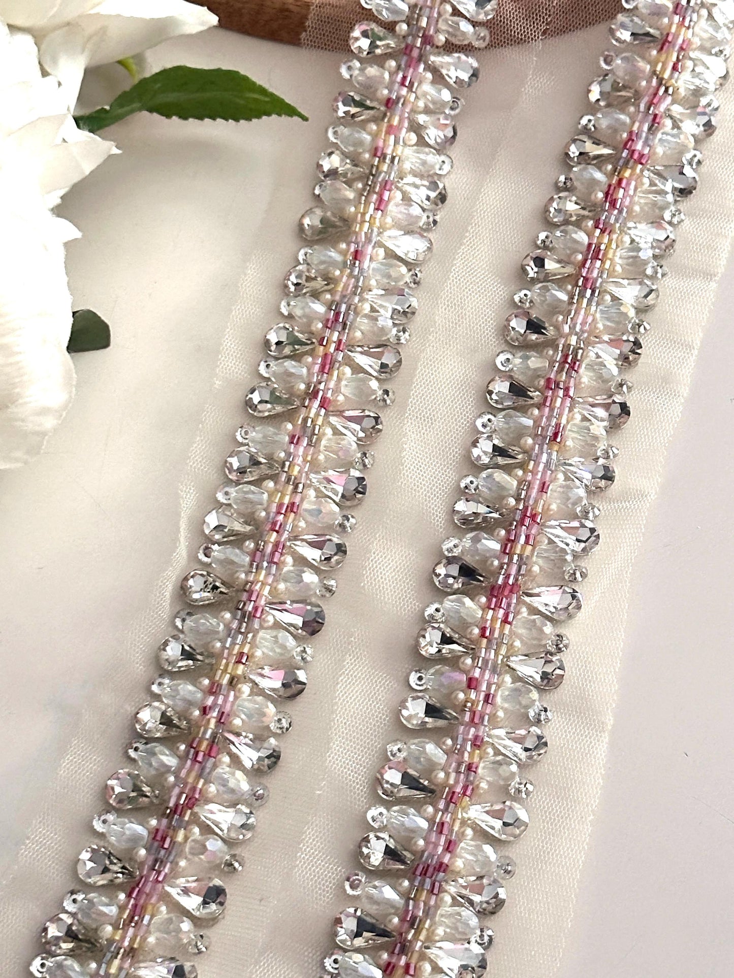 Rhinestone Diamanté Chain Trim Couture Glass Bead Applique Lace
