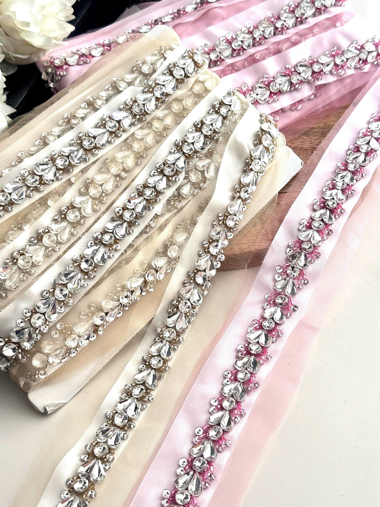 Bridal Veil Trim Handmade Luxury Rhinestone Crystal lace For Wedding Dress