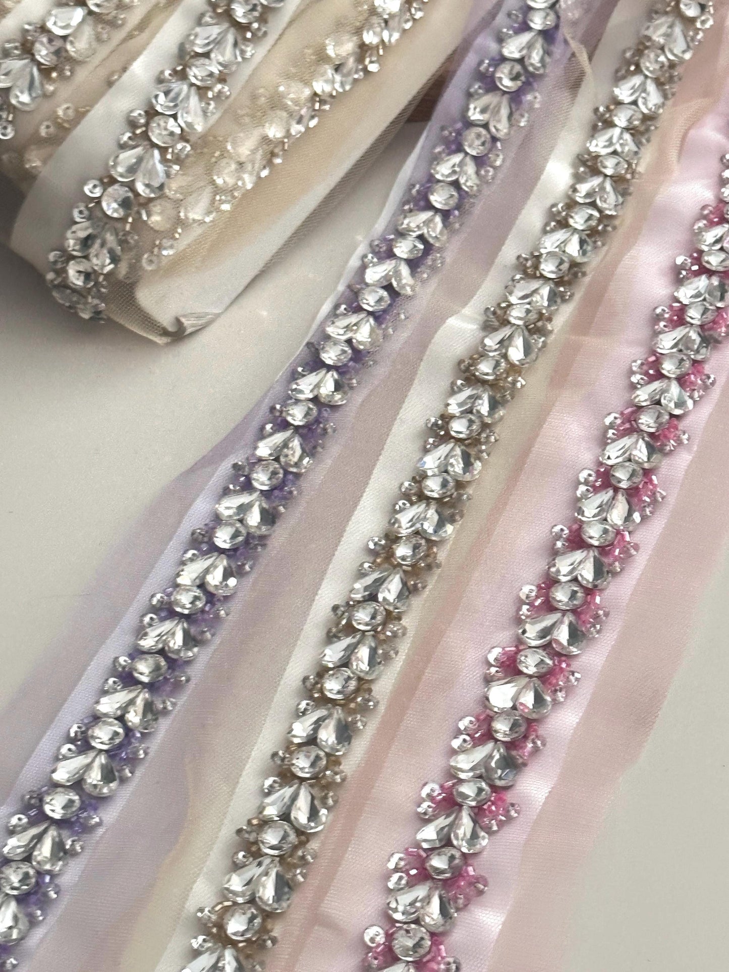 Bridal Veil Trim Handmade Luxury Rhinestone Crystal lace For Wedding Dress