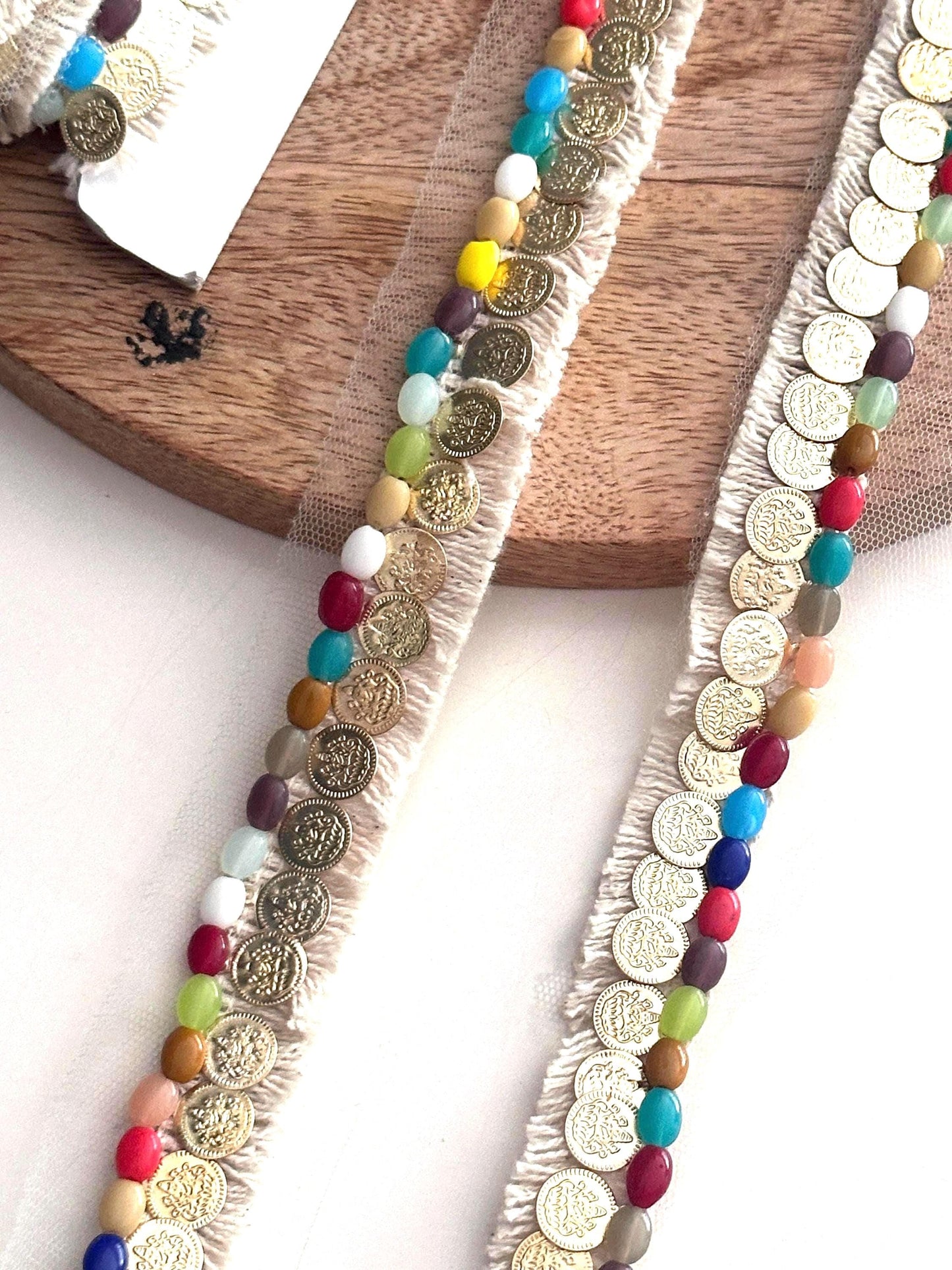 Coin & Colorful Bead Trim Handcrafted Boho Fringe with Sheer Mesh Costume cotton tassel