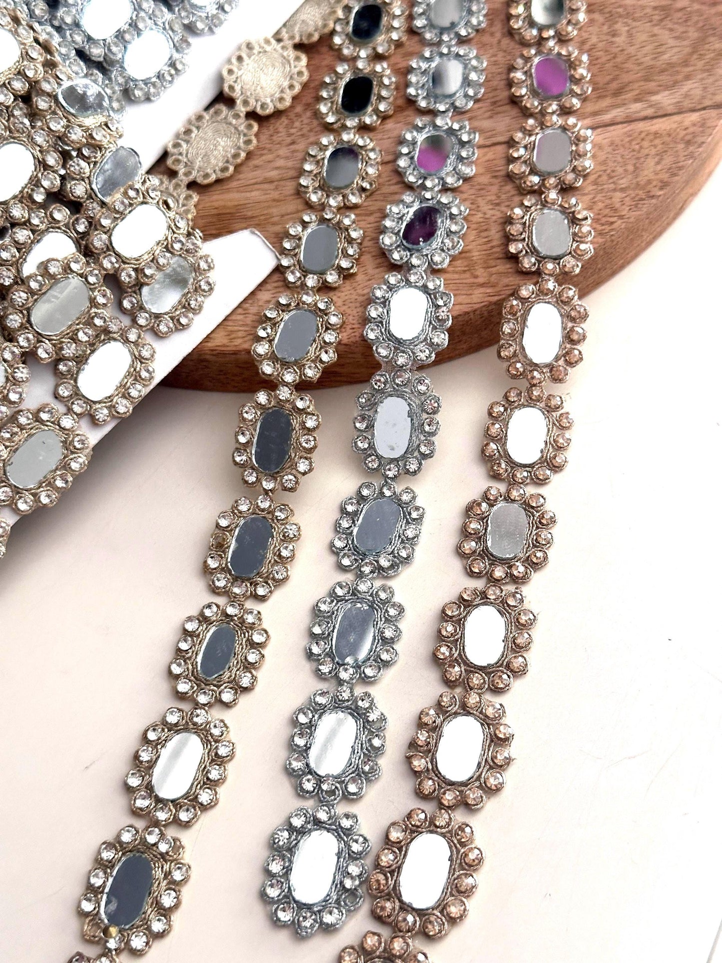 Oval Mirror Rhinestone Trim Lace Handcrafted Silver Gold Embellished Border Bridal Trim