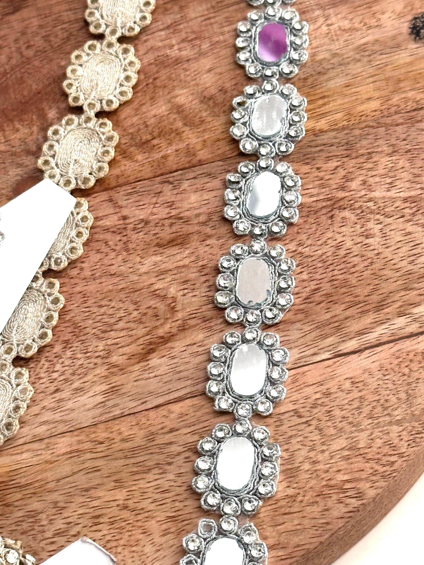 Oval Mirror Rhinestone Trim Lace Handcrafted Silver Gold Embellished Border Bridal Trim