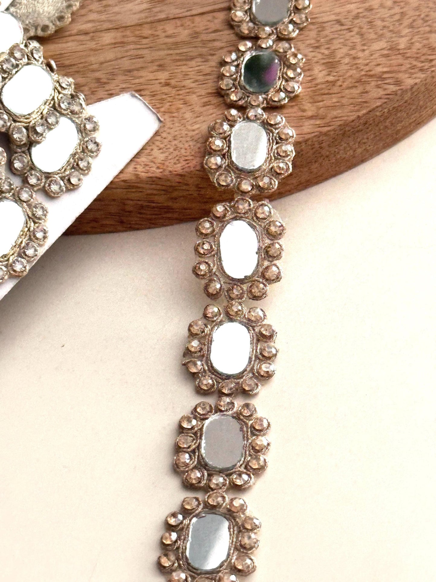 Oval Mirror Rhinestone Trim Lace Handcrafted Silver Gold Embellished Border Bridal Trim