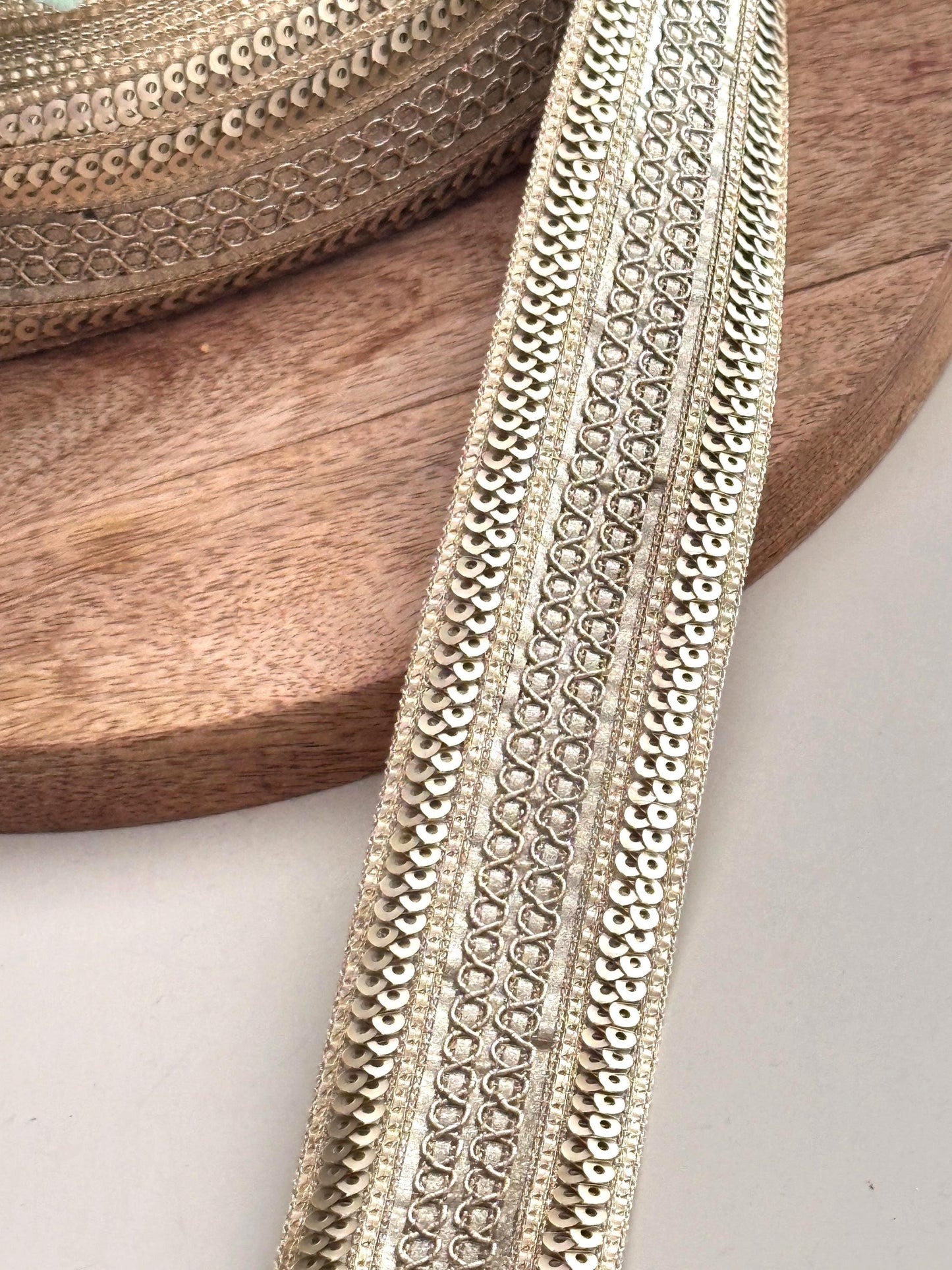 Handwoven Zari Trim Gold Sequin Lace Indian Crafting Lace In Metallic Thread for Sari Borders