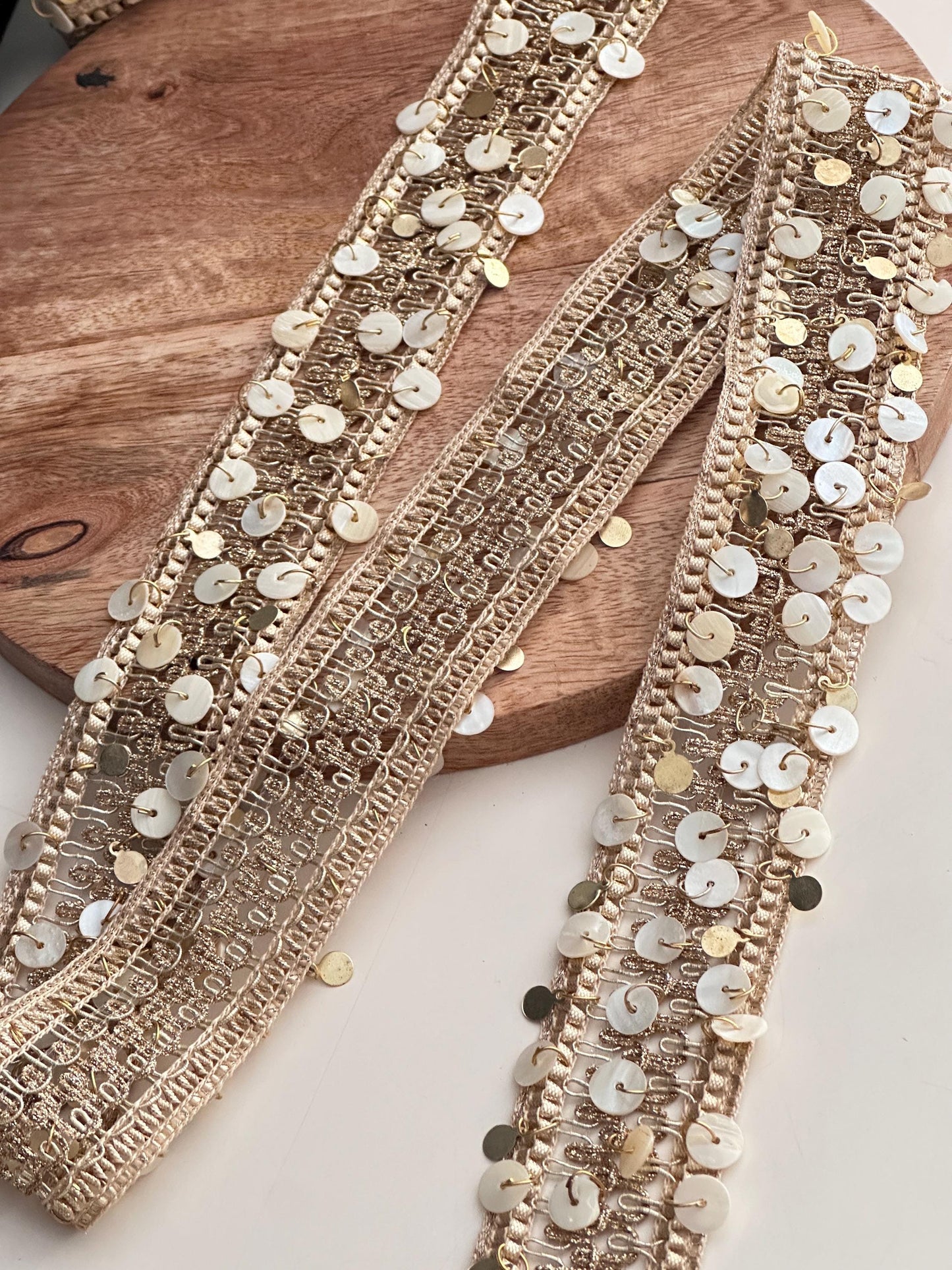 Gold Embroidery lace Handmade Pearl Metal Tassel Embellished Boho Trim for Jewelry Waist Belt