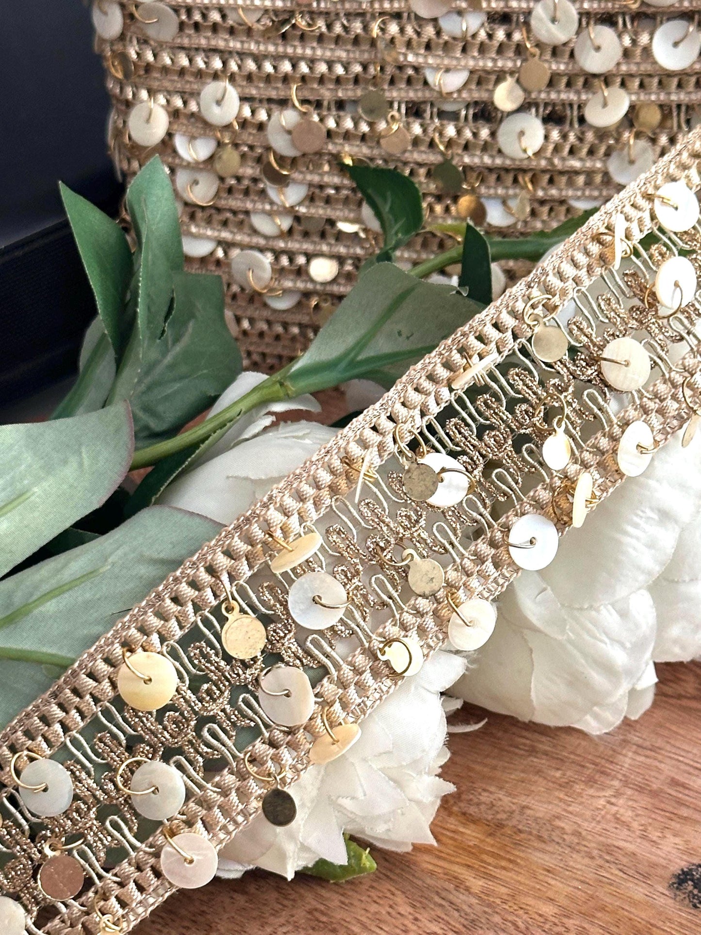 Gold Embroidery lace Handmade Pearl Metal Tassel Embellished Boho Trim for Jewelry Waist Belt