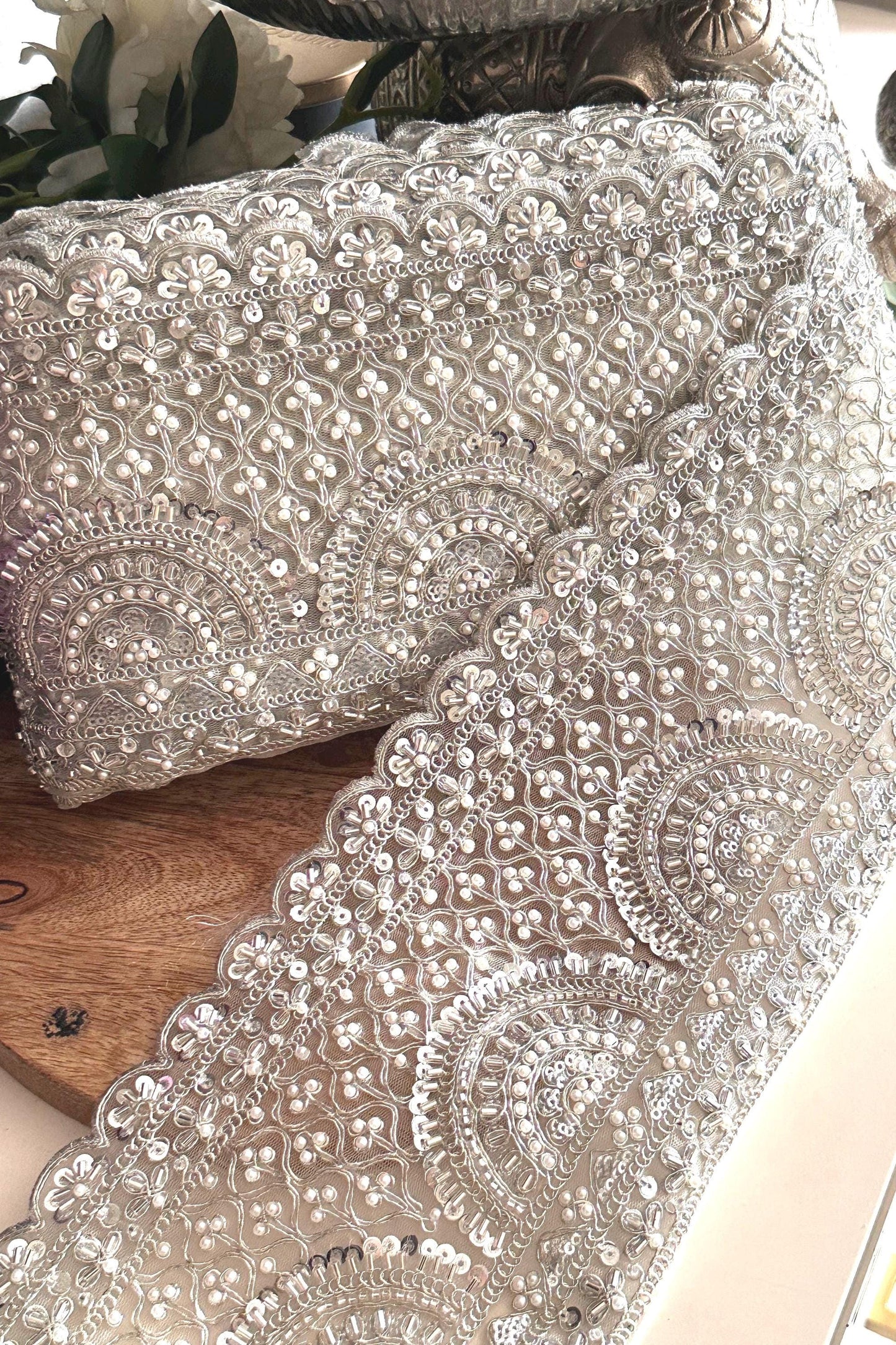 Silver Pearl Bead Lace Trim Bridal Sequin Embellished Scallop Edge Fabric Vintage Look