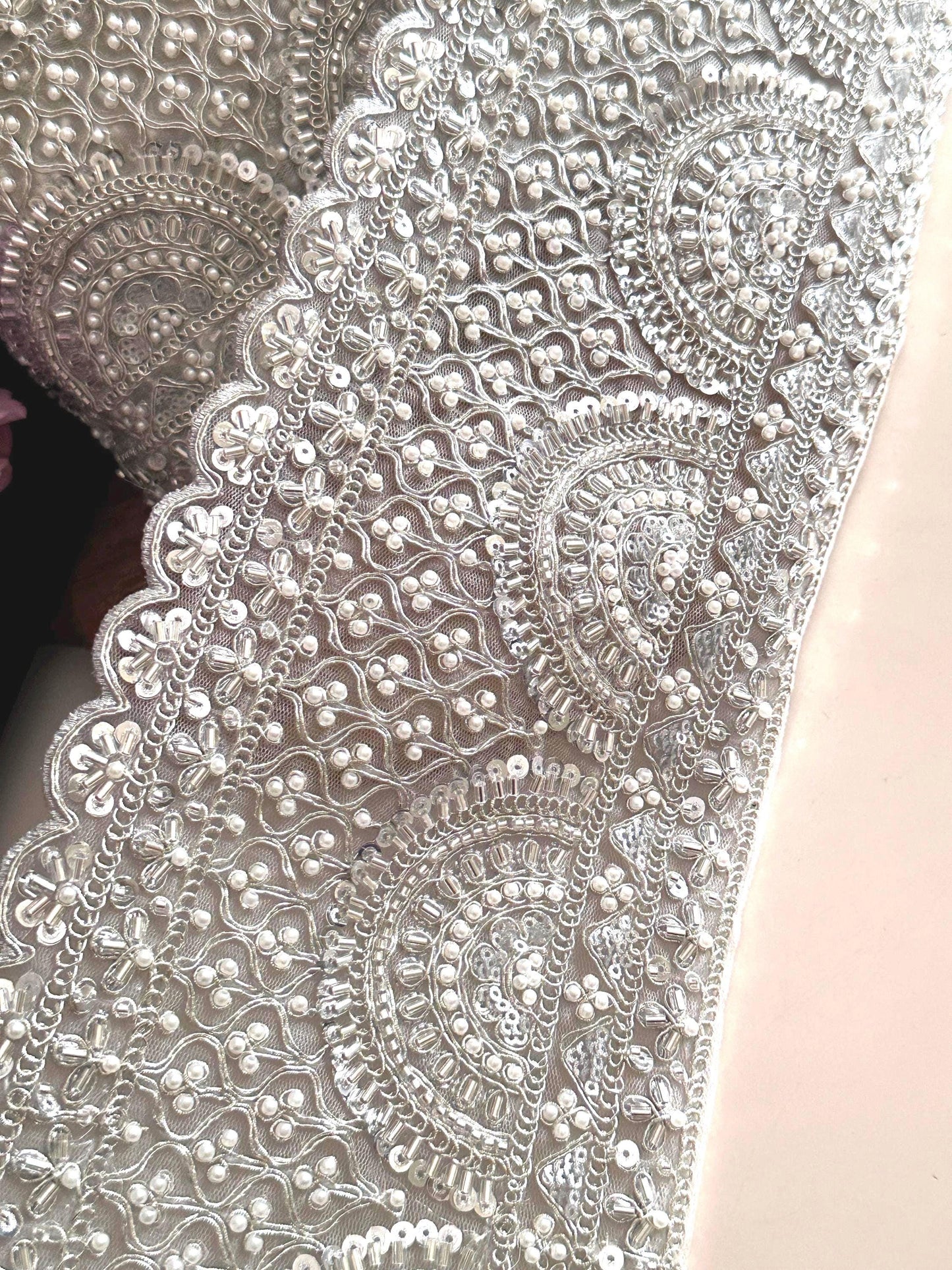 Silver Pearl Bead Lace Trim Bridal Sequin Embellished Scallop Edge Fabric Vintage Look