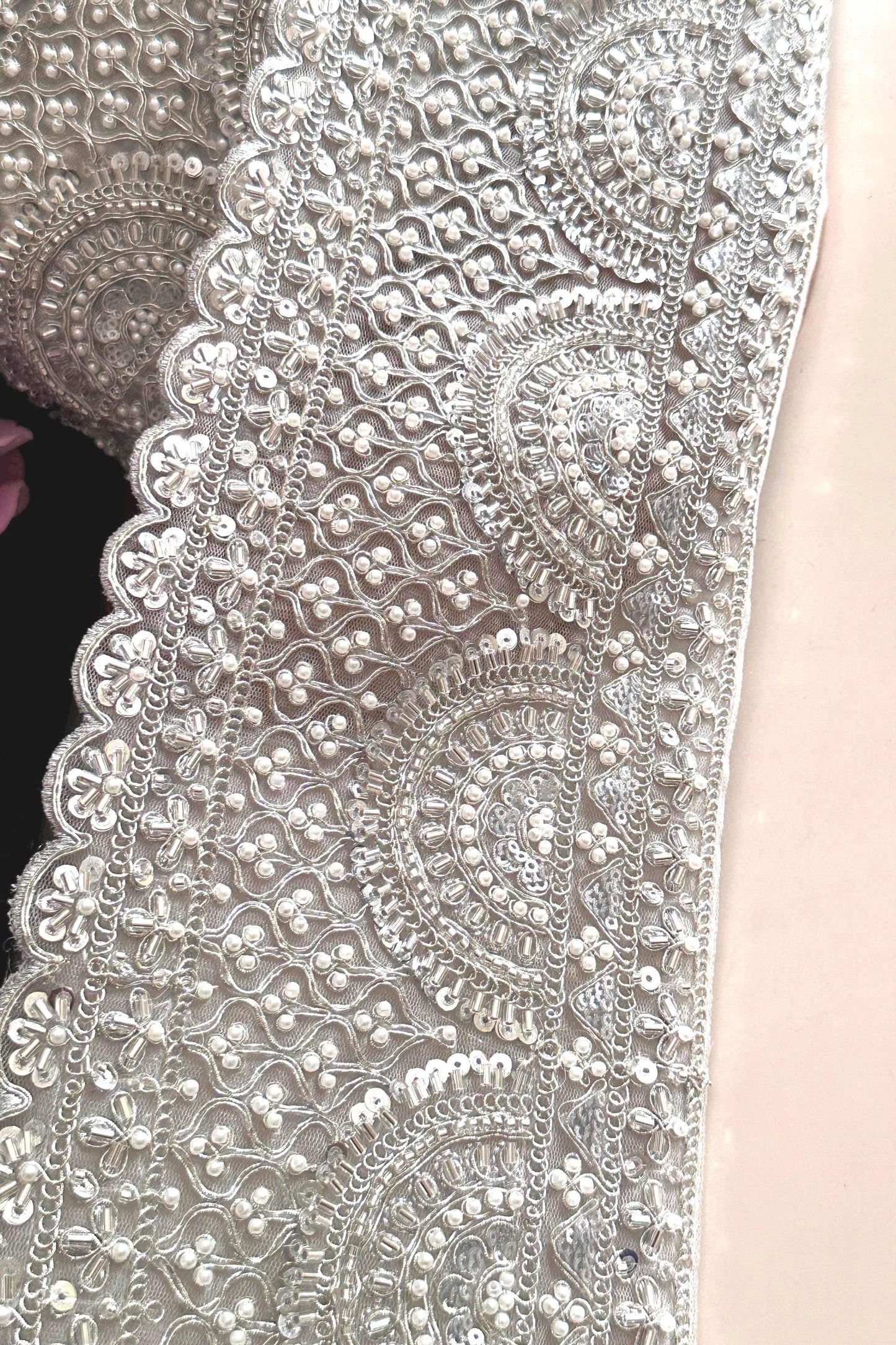 Silver Pearl Bead Lace Trim Bridal Sequin Embellished Scallop Edge Fabric Vintage Look
