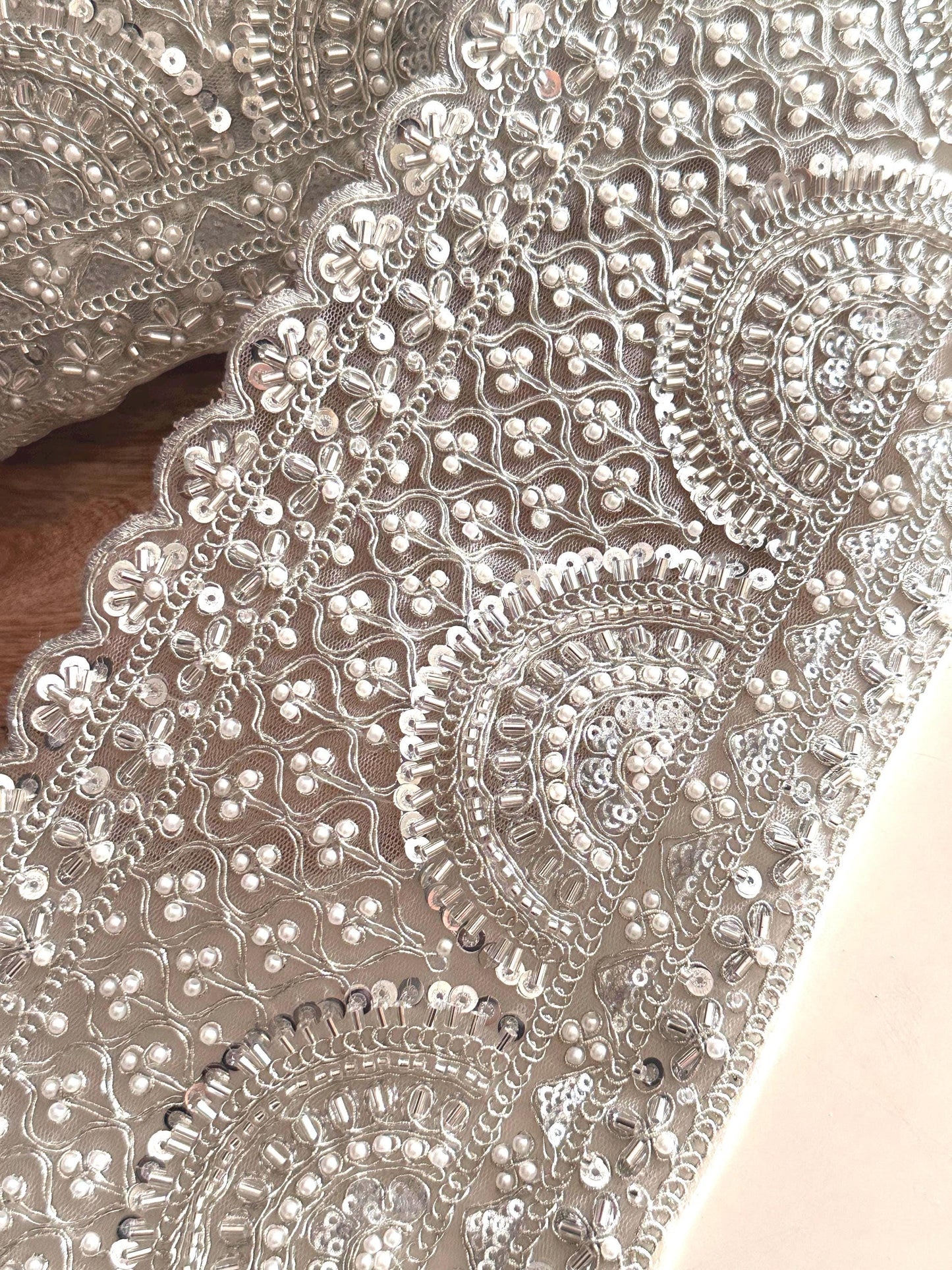 Silver Pearl Bead Lace Trim Bridal Sequin Embellished Scallop Edge Fabric Vintage Look