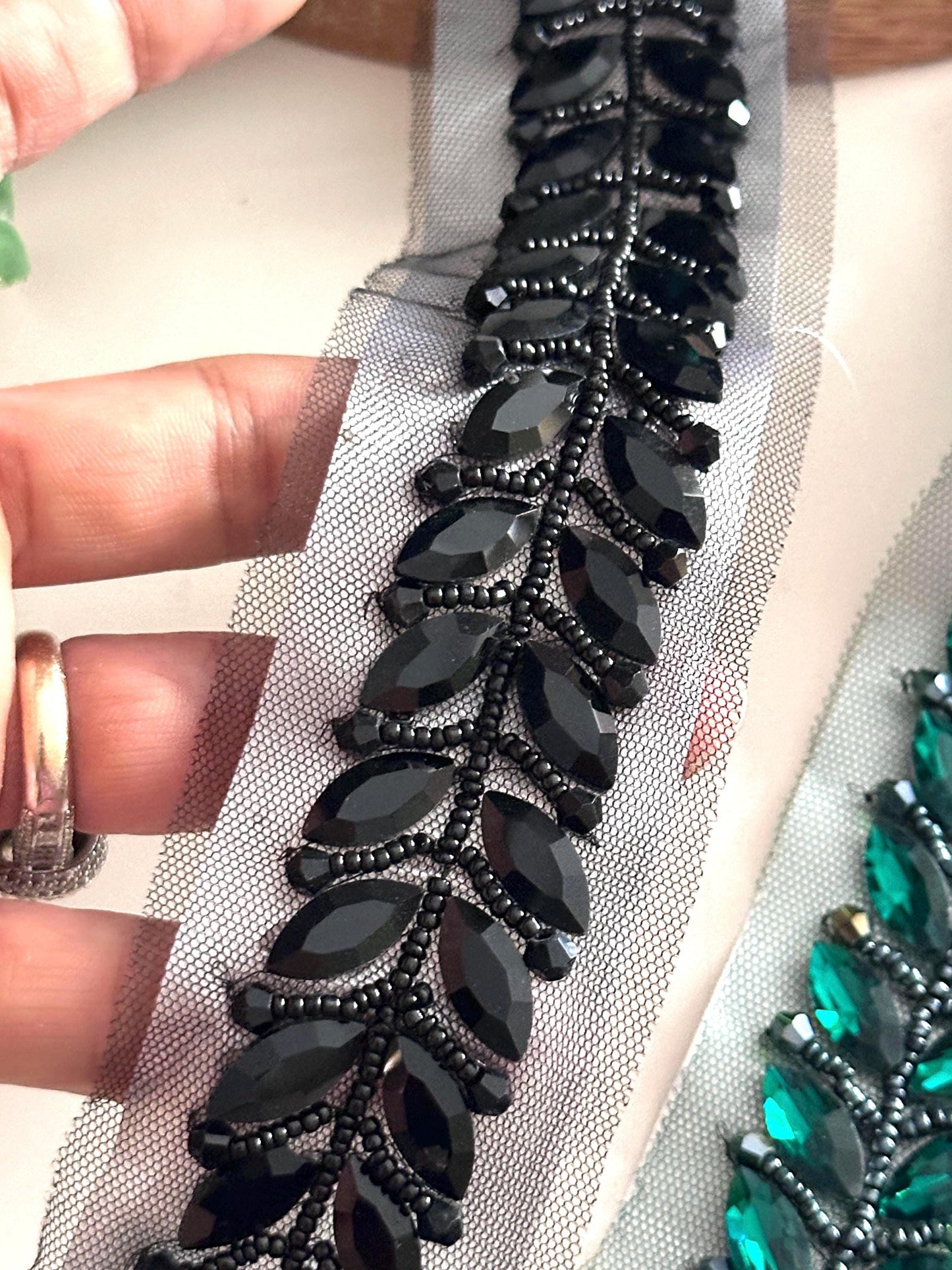 Black Emerald Crystal Trim Bridal Rhinestone Beaded Embellishment Lace