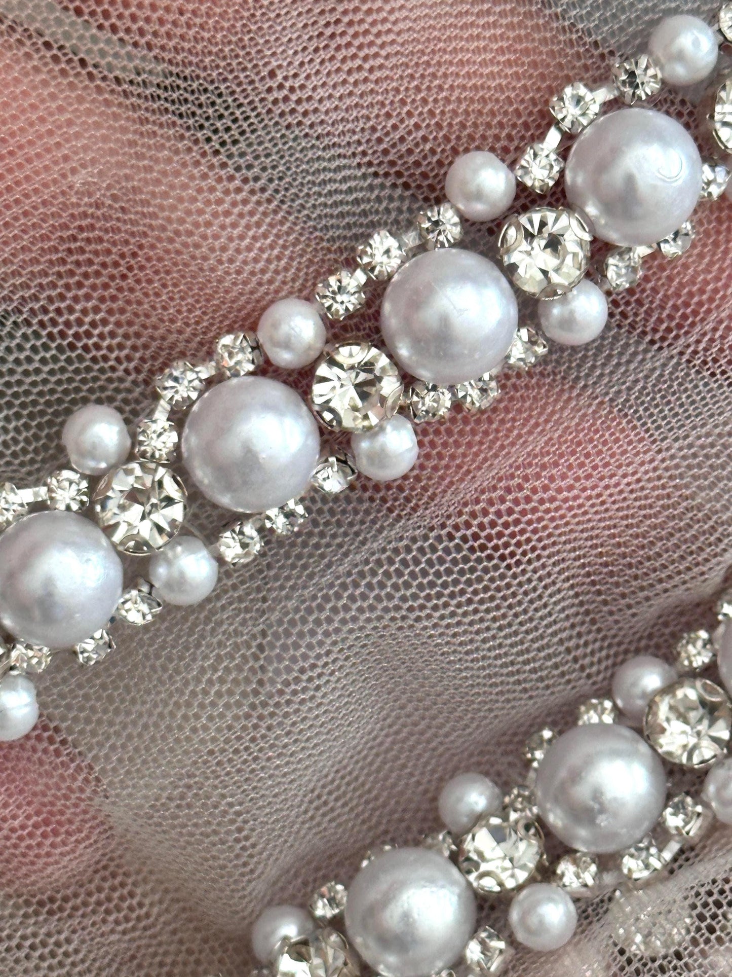 Pearl Rhinestone Bead Trim Handmade Embroidered Lace Wedding Veil