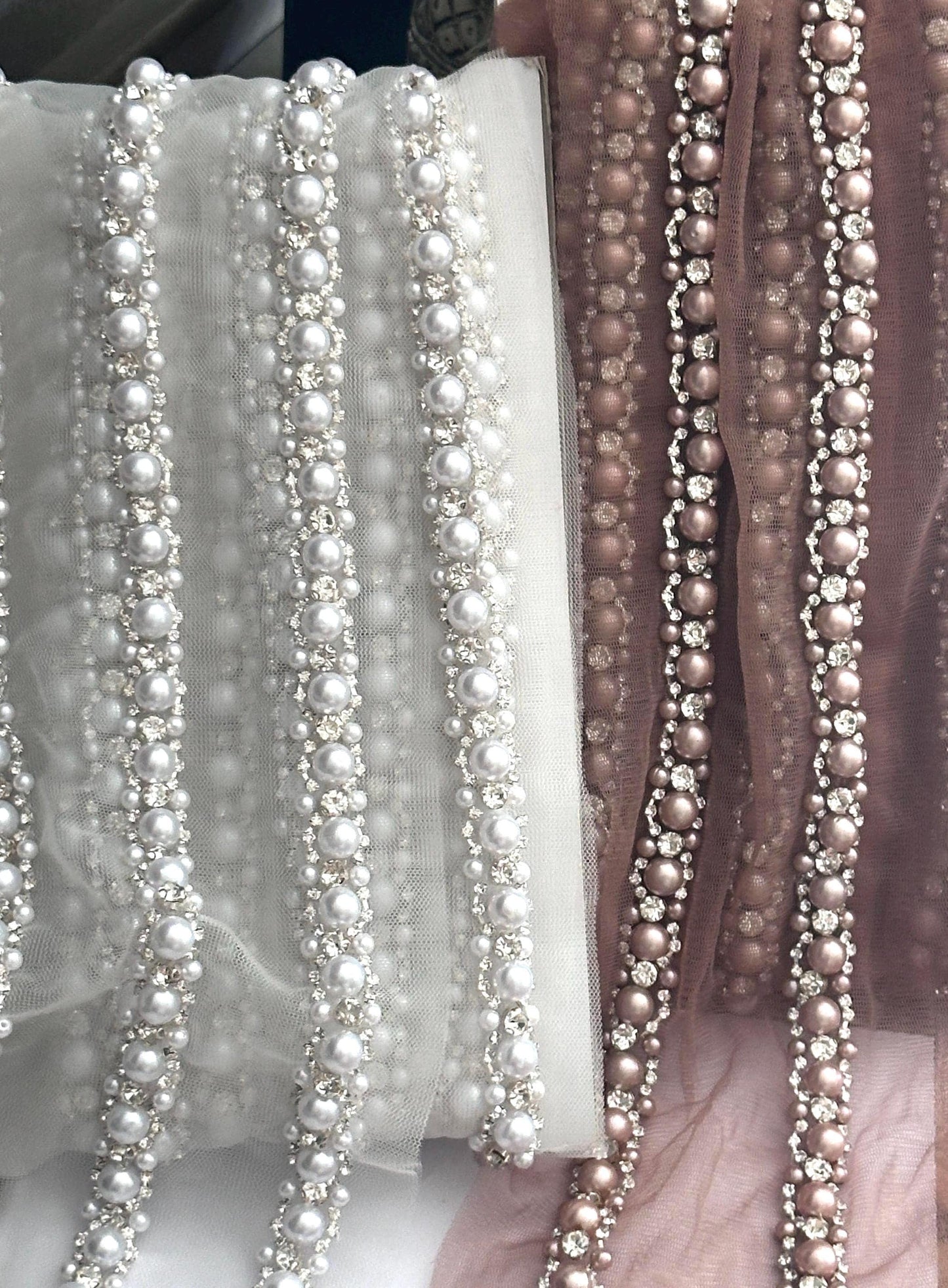 Pearl Rhinestone Bead Trim Handmade Embroidered Lace Wedding Veil
