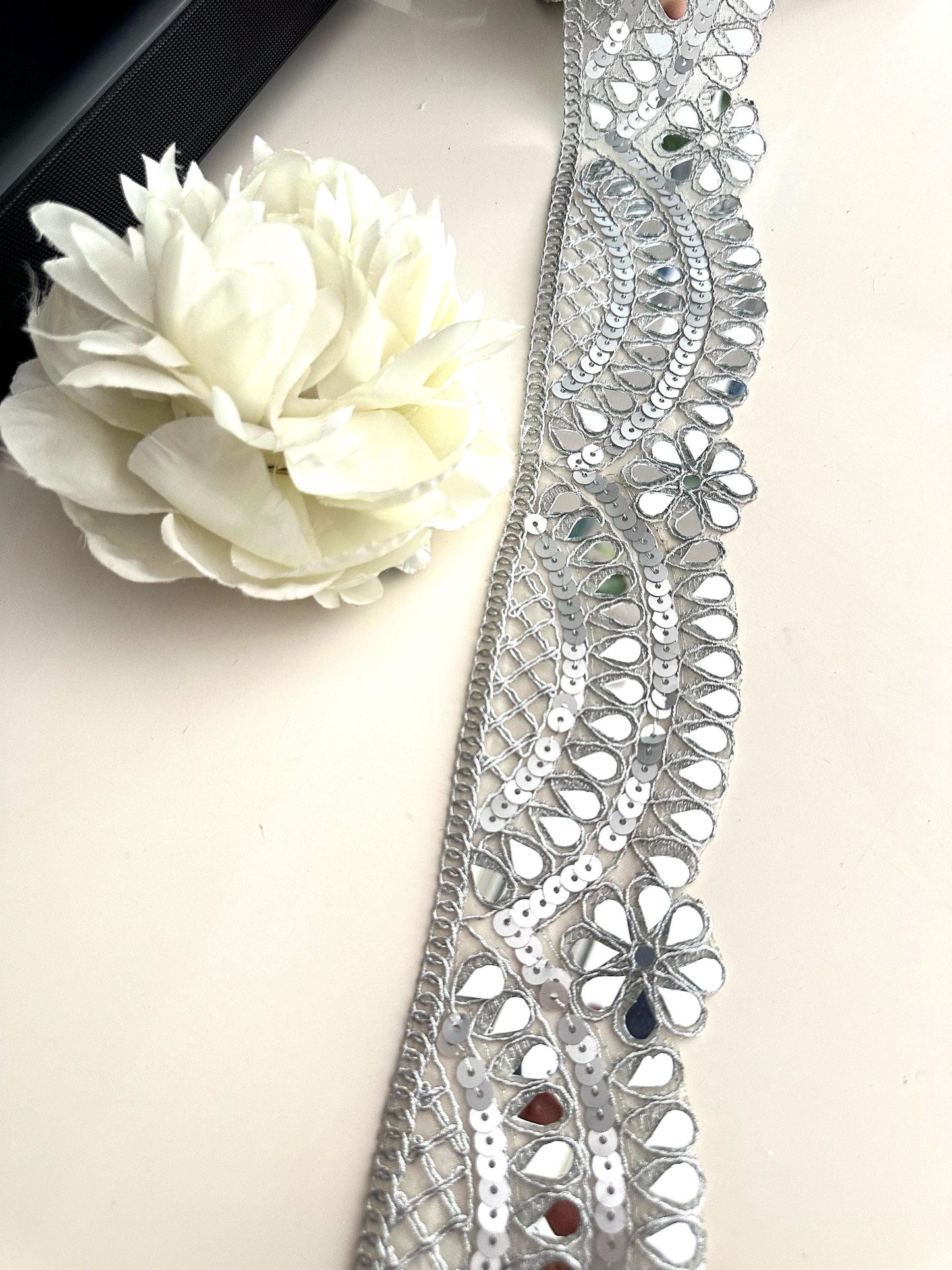 7cm Silver Scalloped Mirror Trim Cutwork Choker Band Indian Sequin Embroidered Border Waist Belt