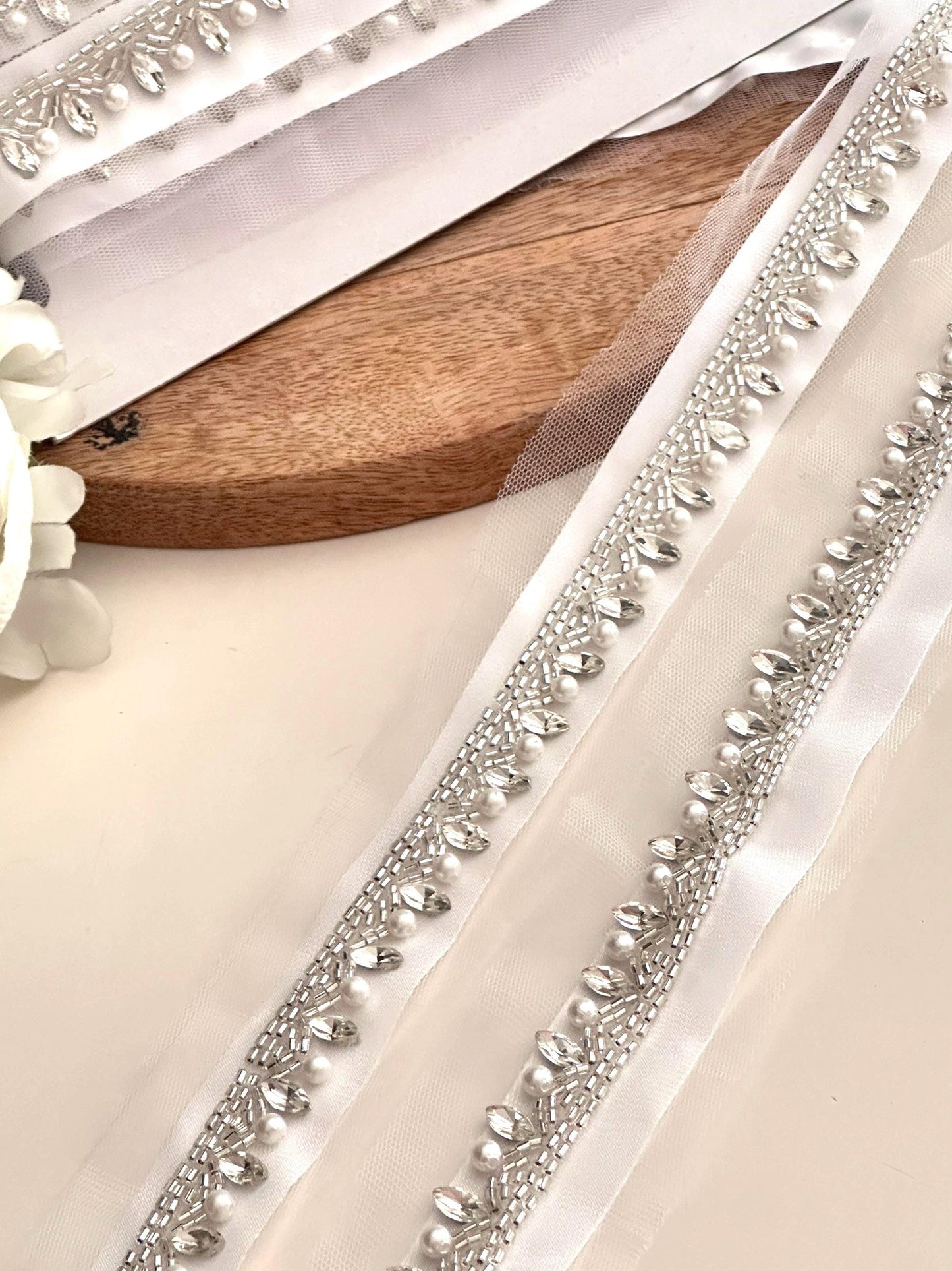 Silver beaded trim with pearl & crystal hand-embroidered lace Embellished Ribbon