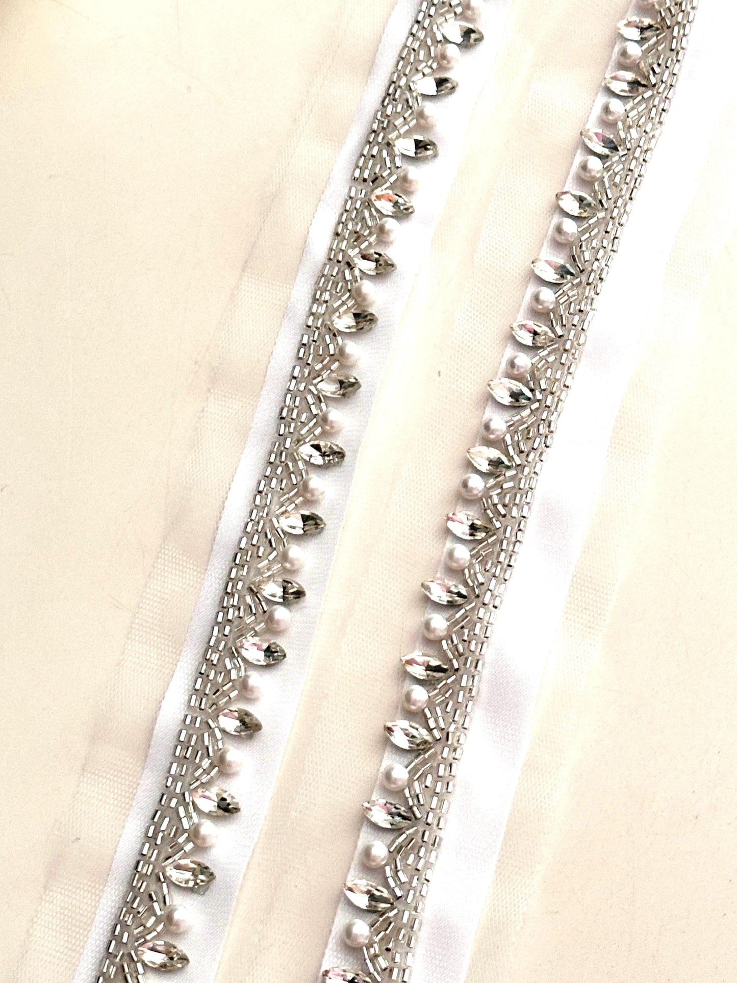 Silver beaded trim with pearl & crystal hand-embroidered lace Embellished Ribbon