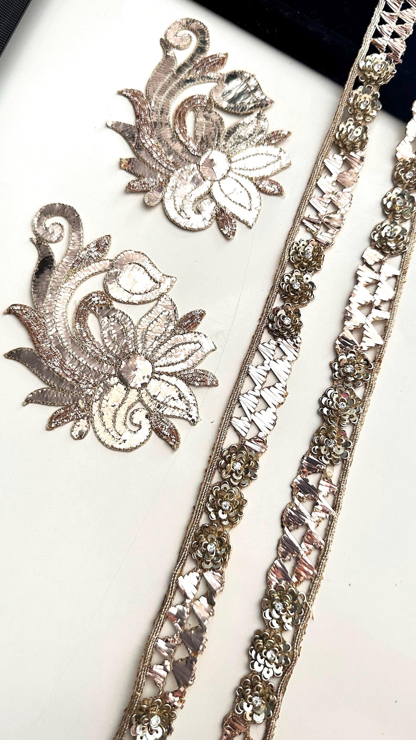 Vintage Look Handmade Sequin Lace Metallic ThreadWork Gold Trim Bridal Dress Sash Headband Lace Festive Fabric Custom Dress Lace Trim