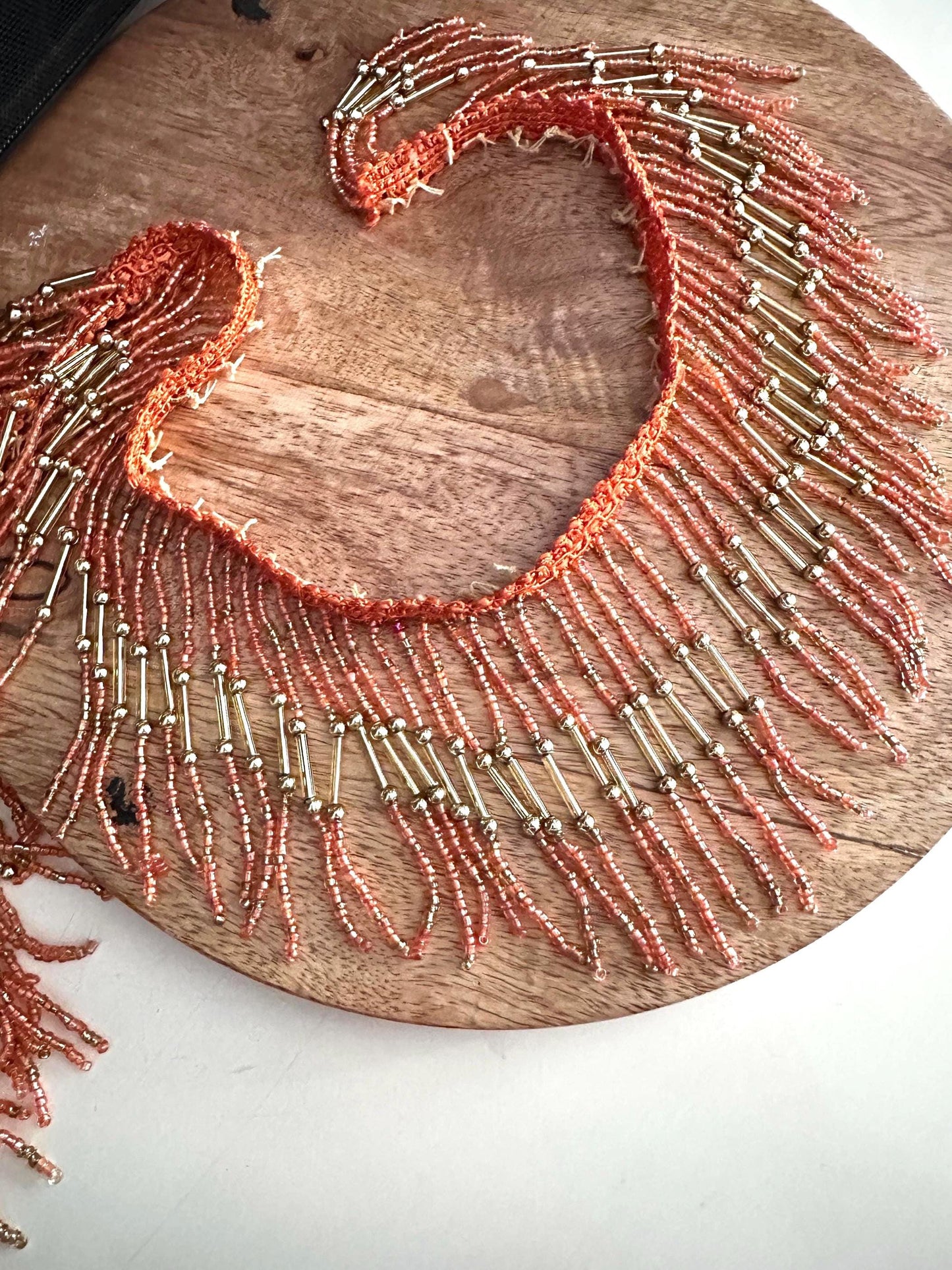Handmade Bohemian Style Orange & Gold Beaded Fringe Trim Delicate Choker Jewelry Seed Bead Fringe