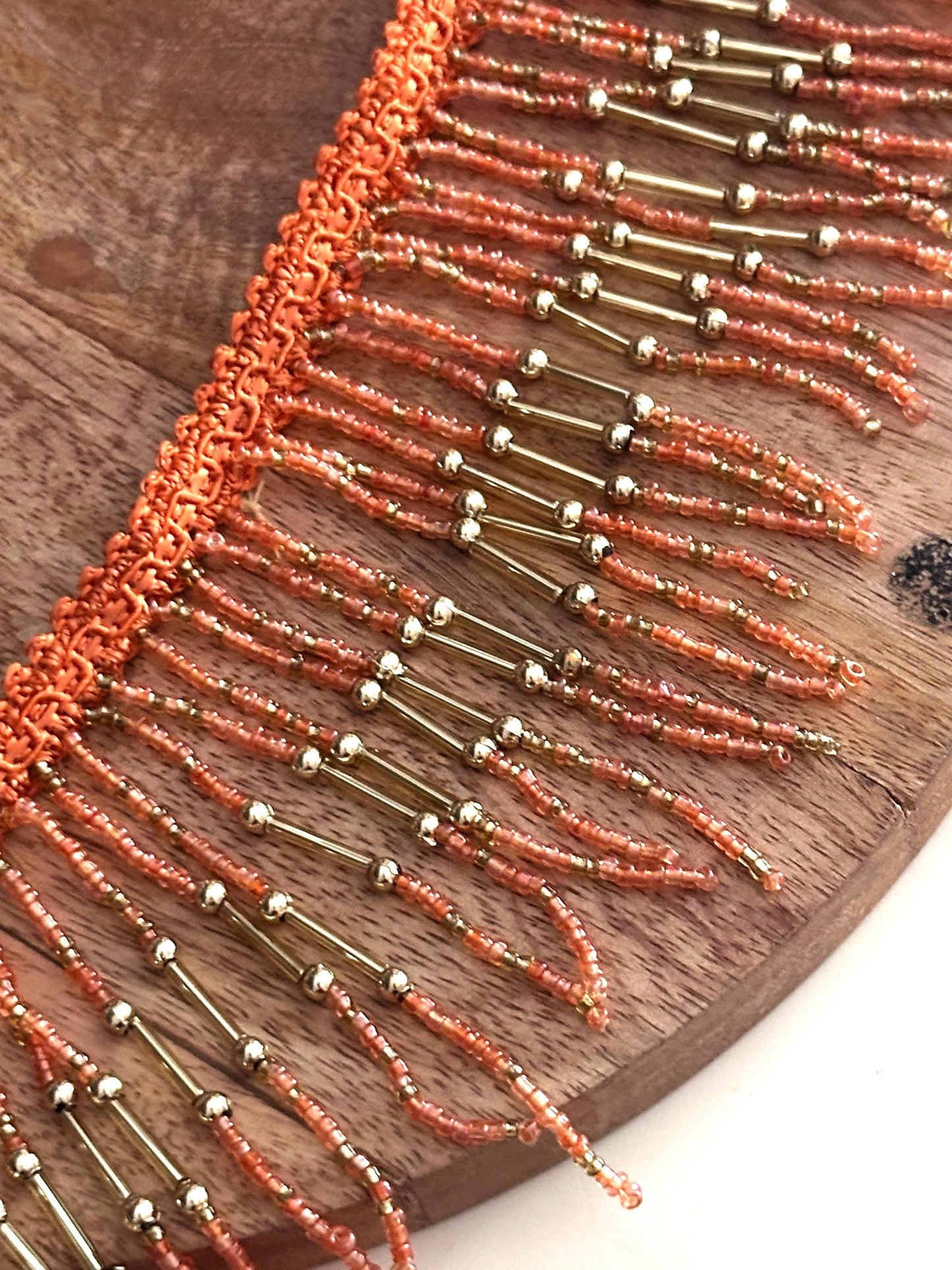 Handmade Bohemian Style Orange & Gold Beaded Fringe Trim Delicate Choker Jewelry Seed Bead Fringe