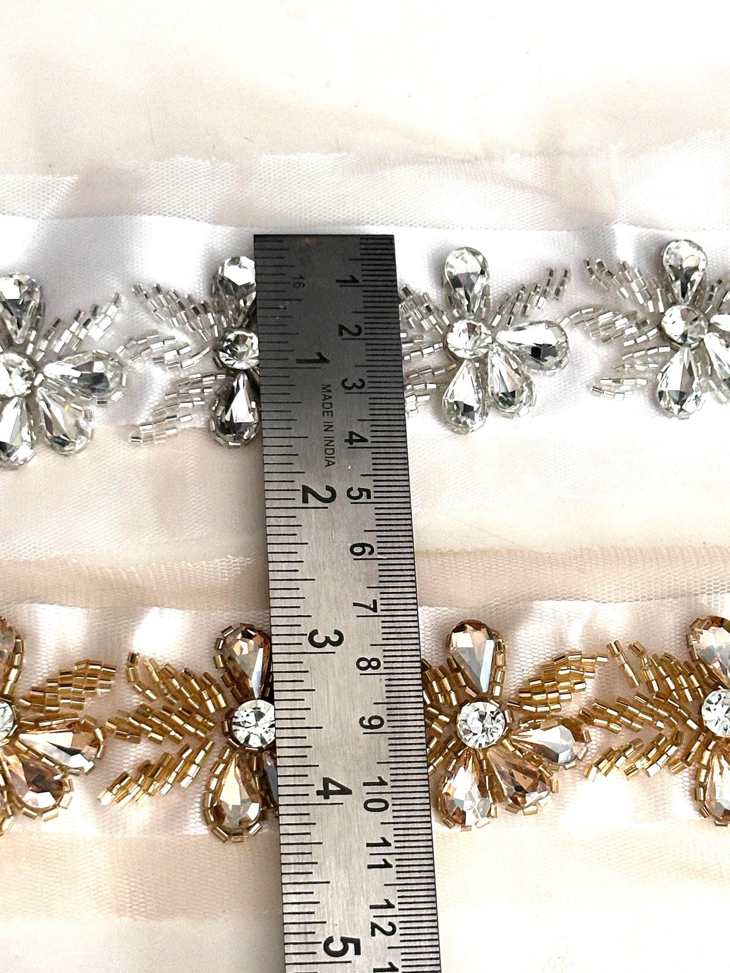 Handmade Crystal Beaded Trim Gold and Silver Embroidered Lace For Bridal Couture Festival Belt Dress