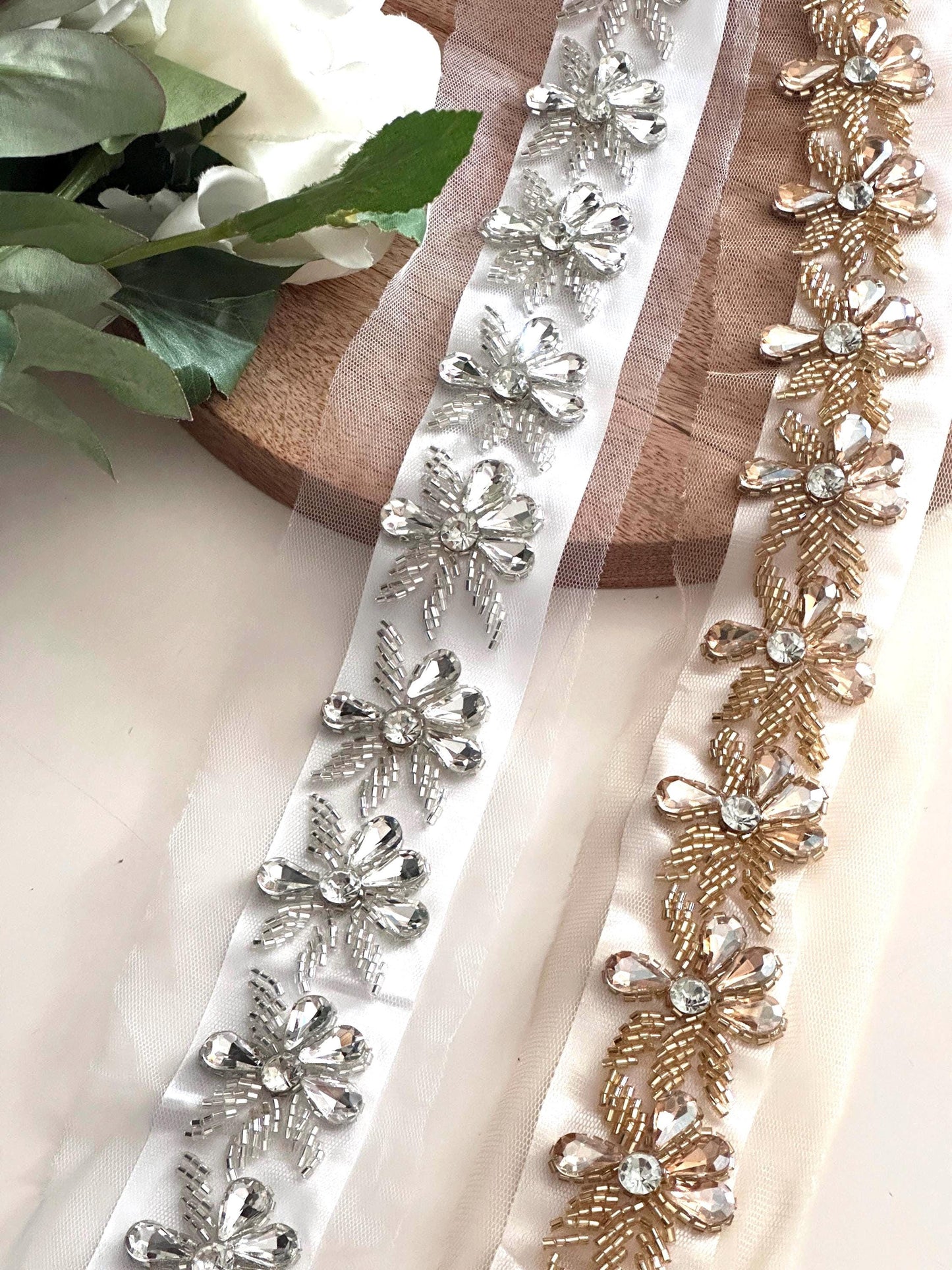 Handmade Crystal Beaded Trim Gold and Silver Embroidered Lace For Bridal Couture Festival Belt Dress