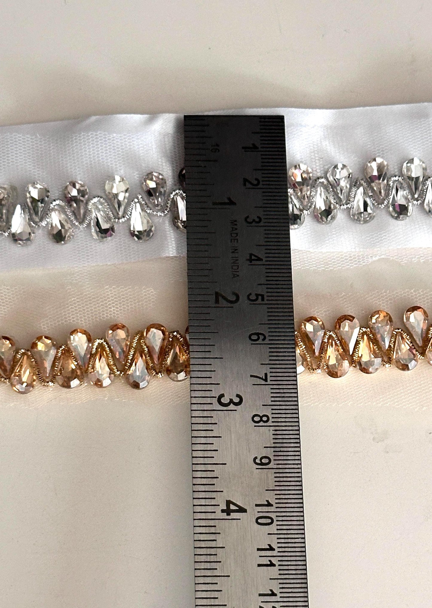 Luxury Crystal Beaded Trim Rhinestone Tear Applique Lace for Wedding Dress Bridal Veil DIY Costume Gold & Silver Embellished Sewing Craft