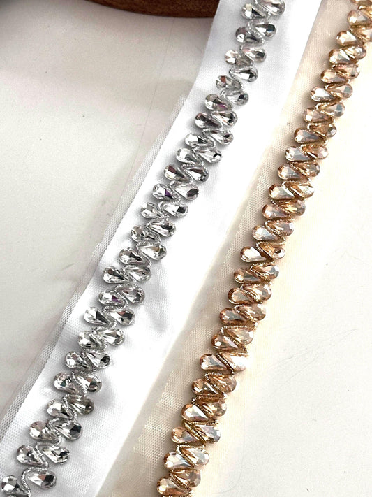 Luxury Crystal Beaded Trim Tear Applique Lace