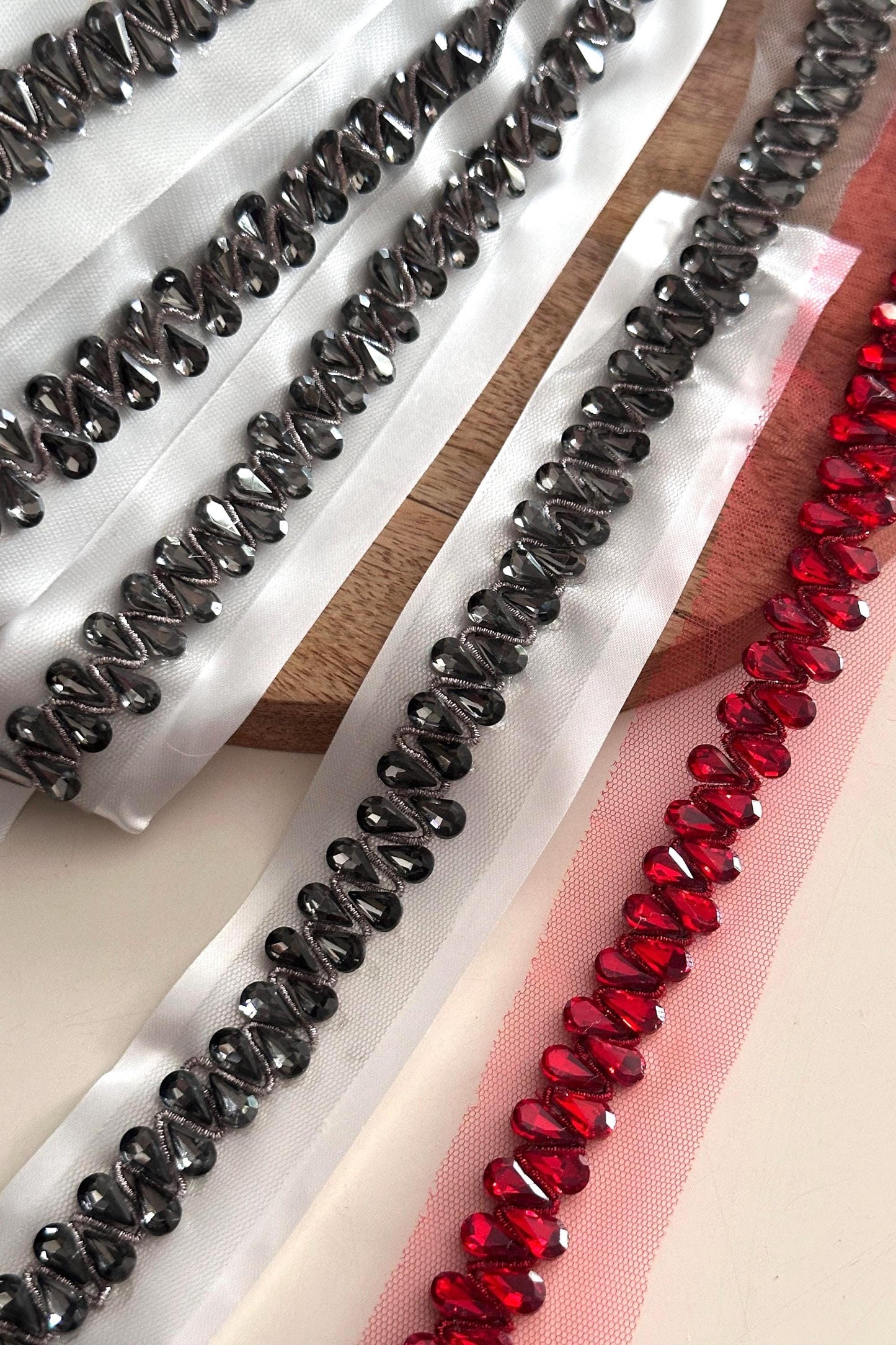 Crystal Rhinestone Trim Bridal Rhinestone Beaded Red & Black Lace Ribbon Applique