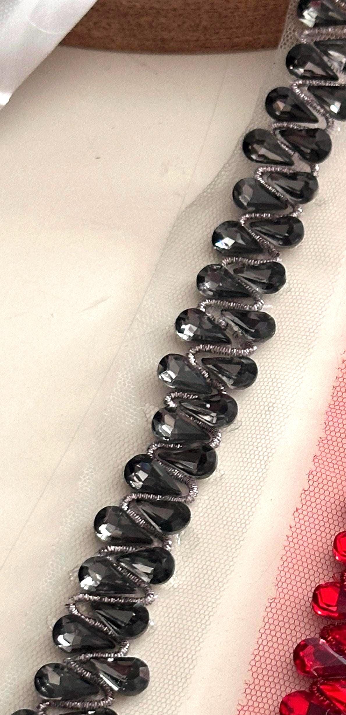 Crystal Rhinestone Trim Bridal Rhinestone Beaded Red & Black Lace Ribbon Applique