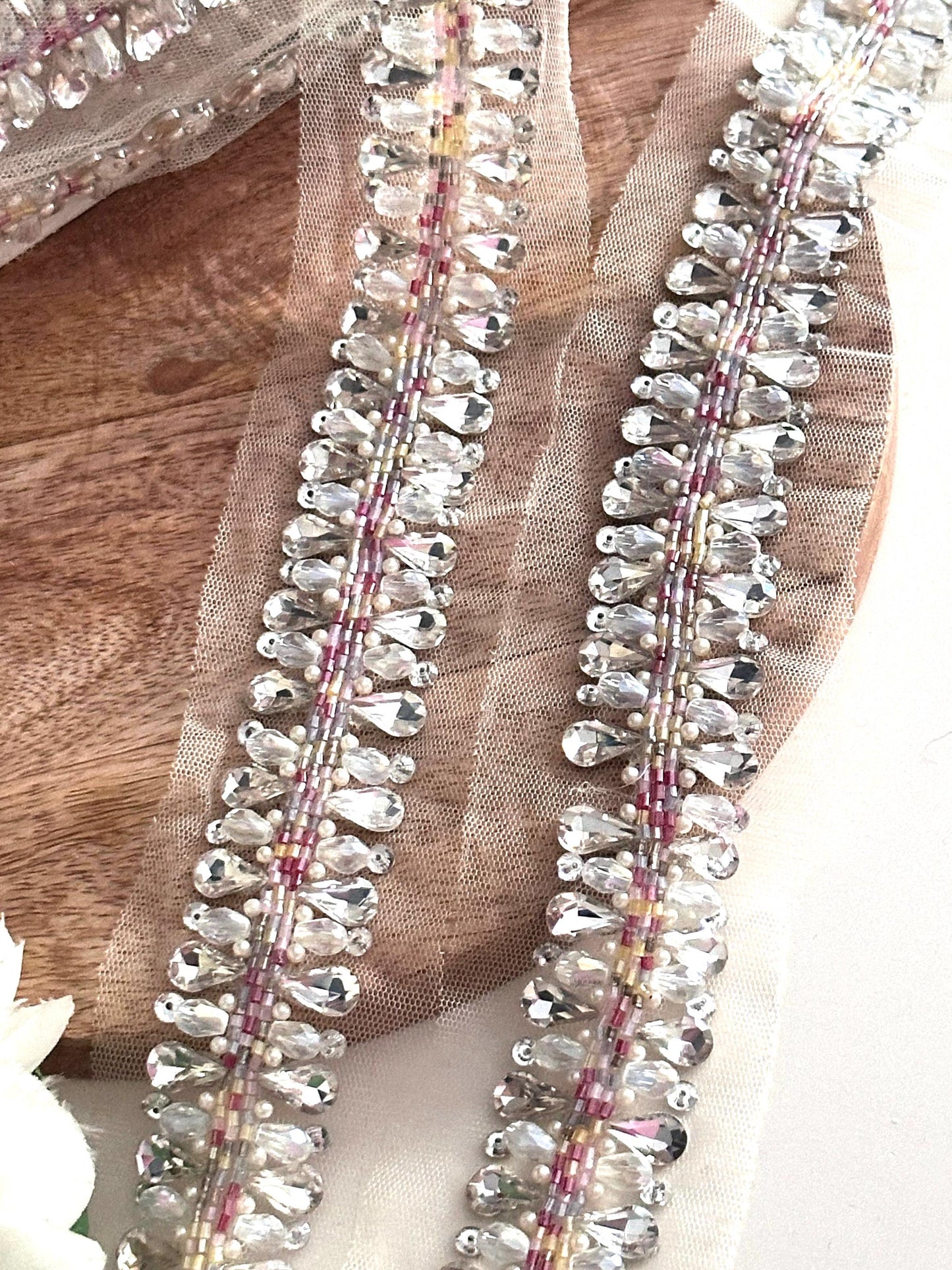 Rhinestone Diamanté Chain Trim Couture Glass Bead Applique Lace