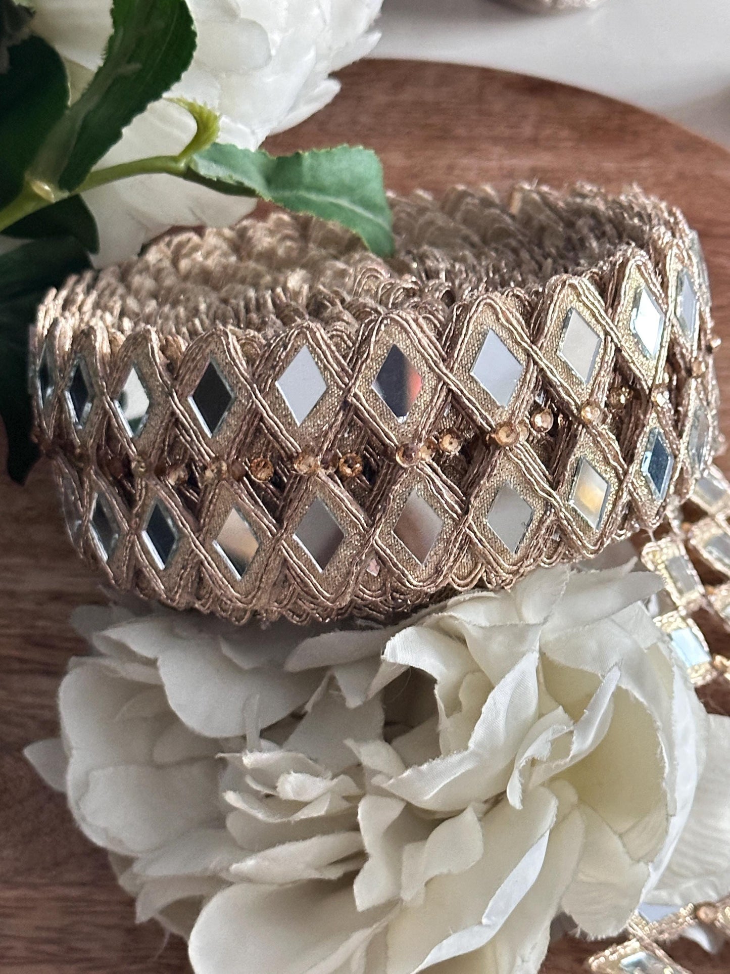 Indian hand crafted mirror work border 4.5cm Rose Gold Cutwork Lace For Costume Dresses belts