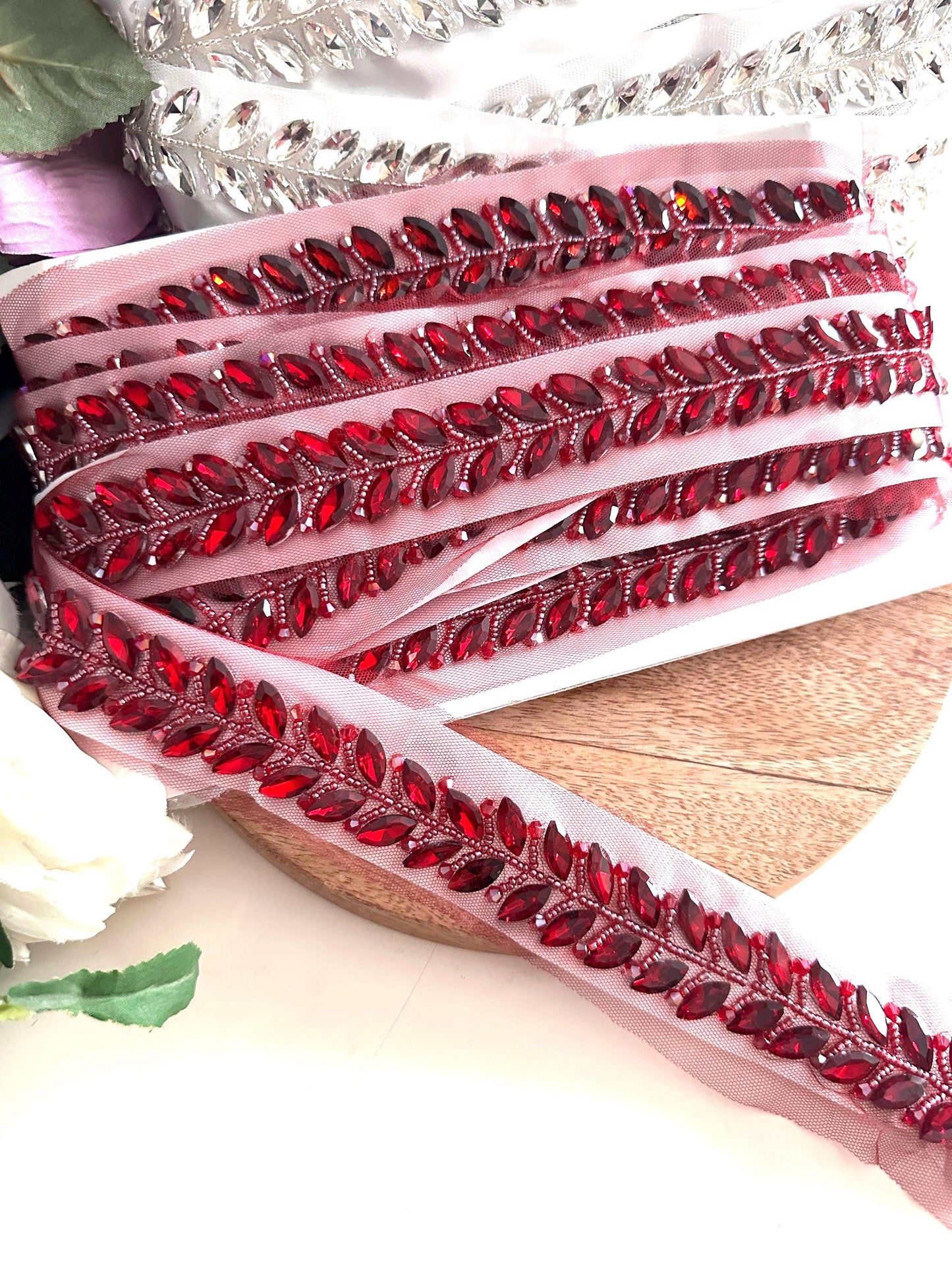 Luxury Crystal Beaded Trim Red
