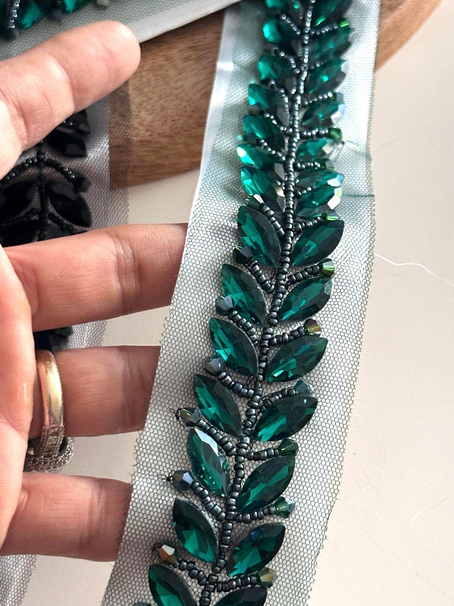Black Emerald Crystal Trim Bridal Rhinestone Beaded Embellishment Lace
