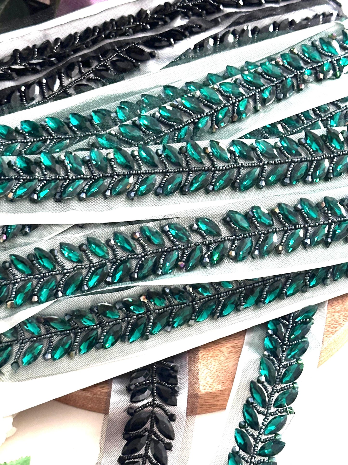 Black Emerald Crystal Trim Bridal Rhinestone Beaded Embellishment Lace