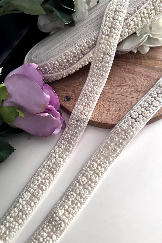 Ivory Pearl Beaded Embroidery Trim Hair Accessory