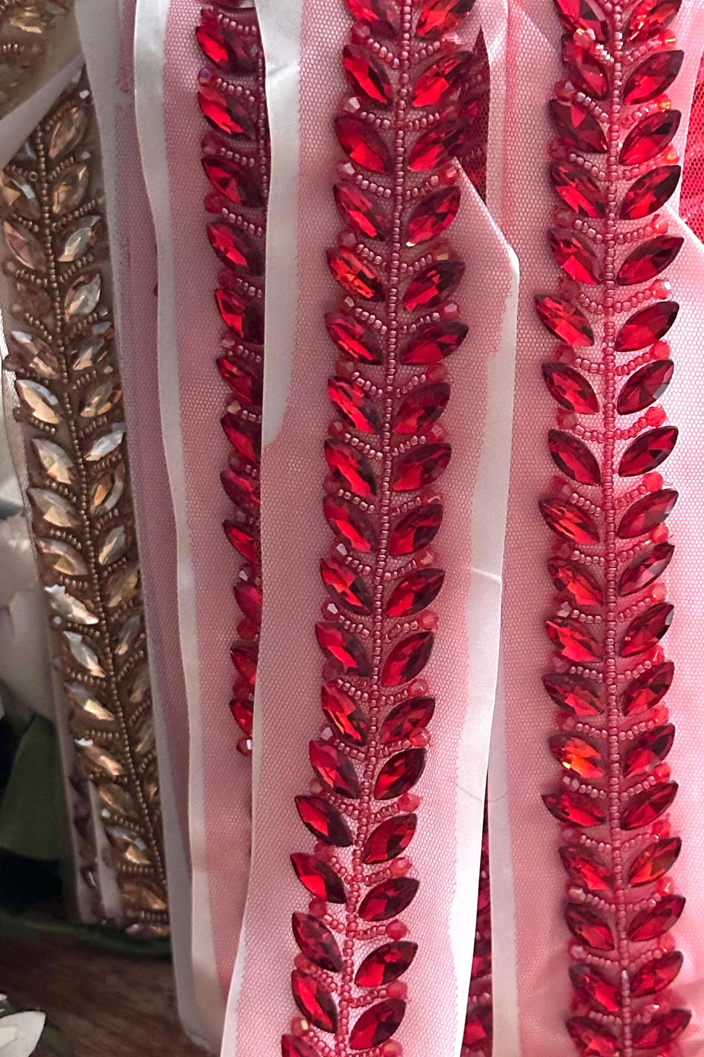 Rhinestone Leaf Ribbon Bridal Red & Gold Decorative Trim Costume Lace Wedding Sash