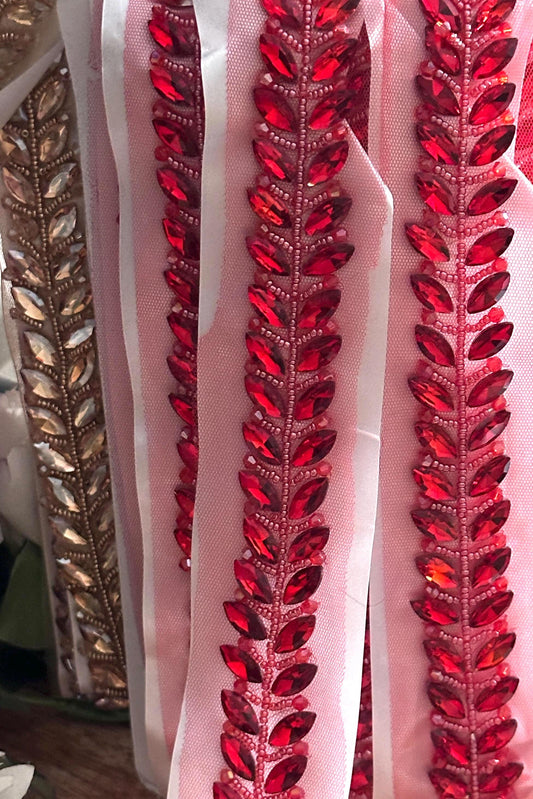 Rhinestone Leaf Ribbon Bridal Red & Gold