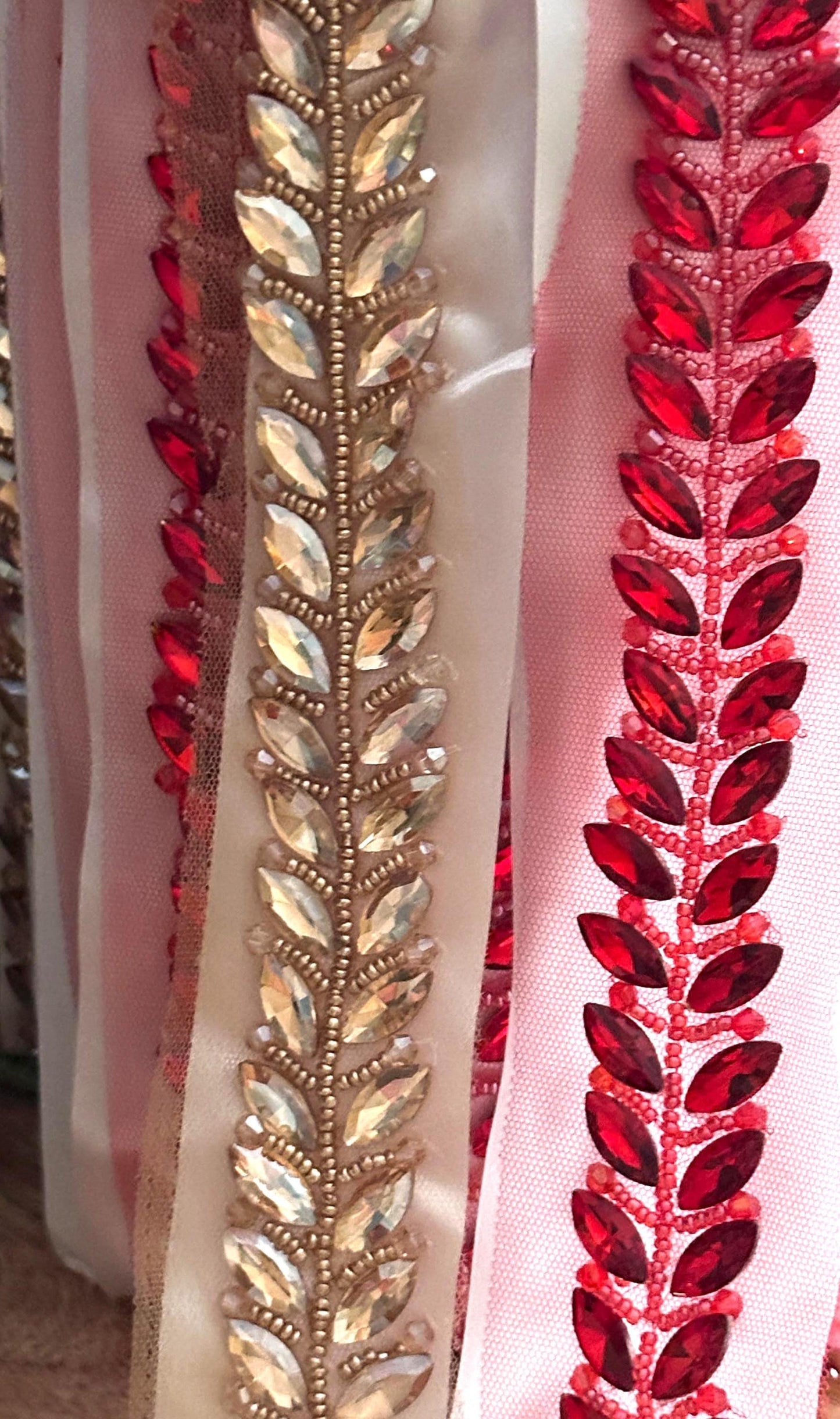 Rhinestone Leaf Ribbon Bridal Red & Gold Decorative Trim Costume Lace Wedding Sash