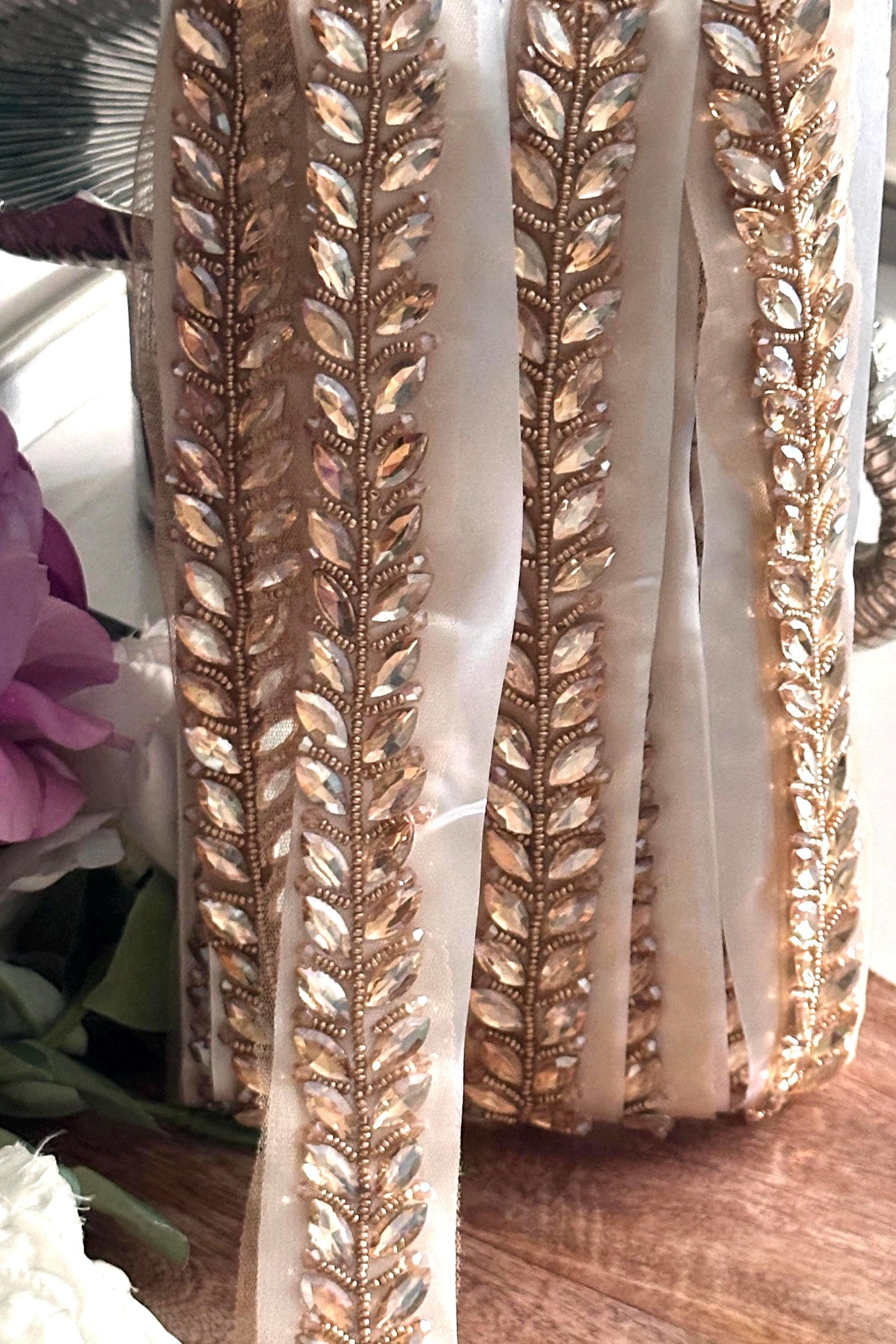 Rhinestone Leaf Ribbon Bridal Red & Gold Decorative Trim Costume Lace Wedding Sash