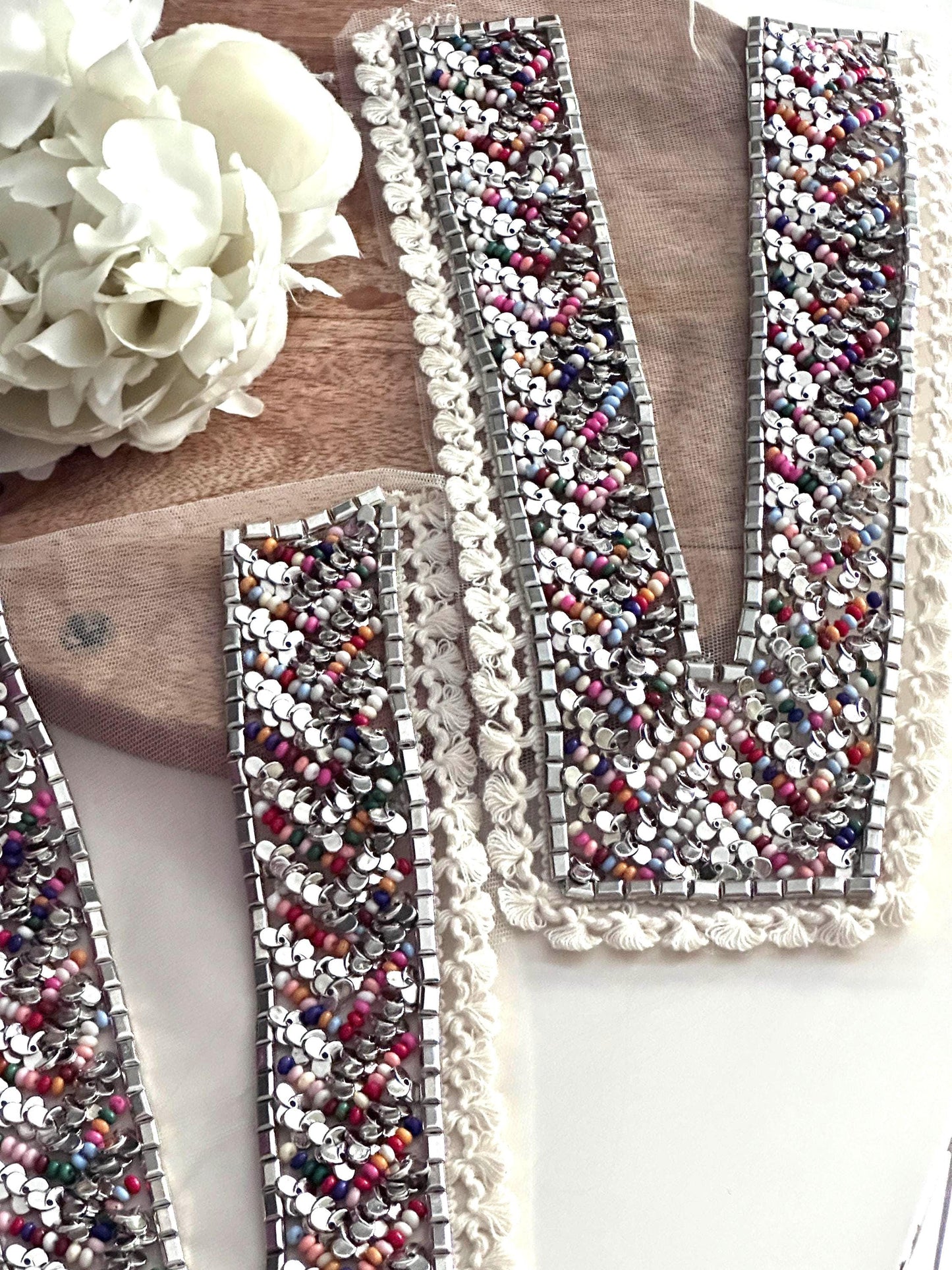 Silver Sequin Beaded Neck Applique