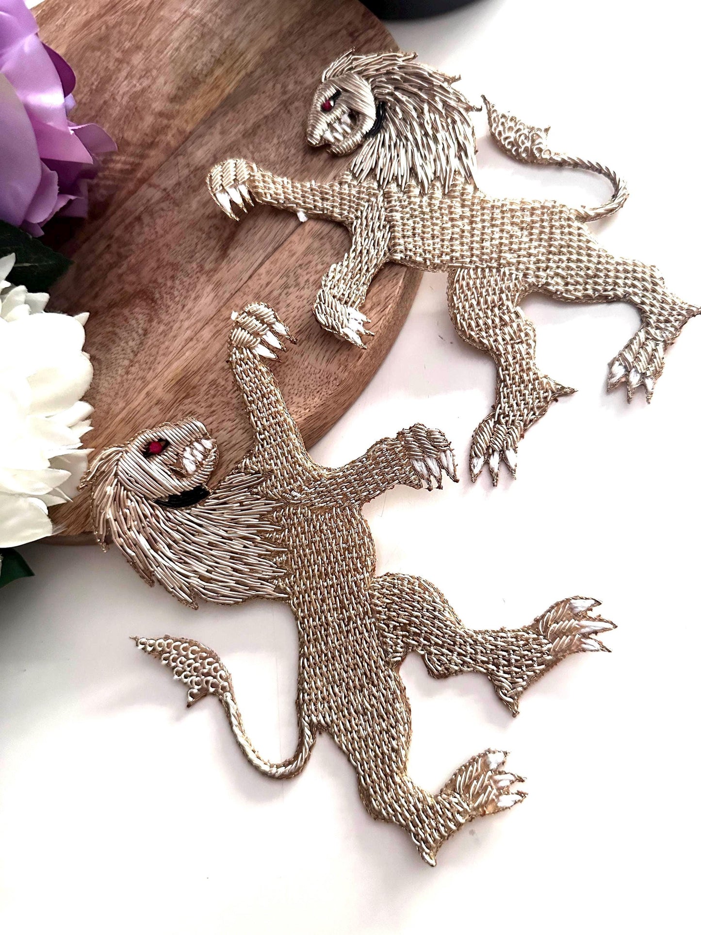 Hand Embroidered Metallic Thread Gold Lion Crest Patch